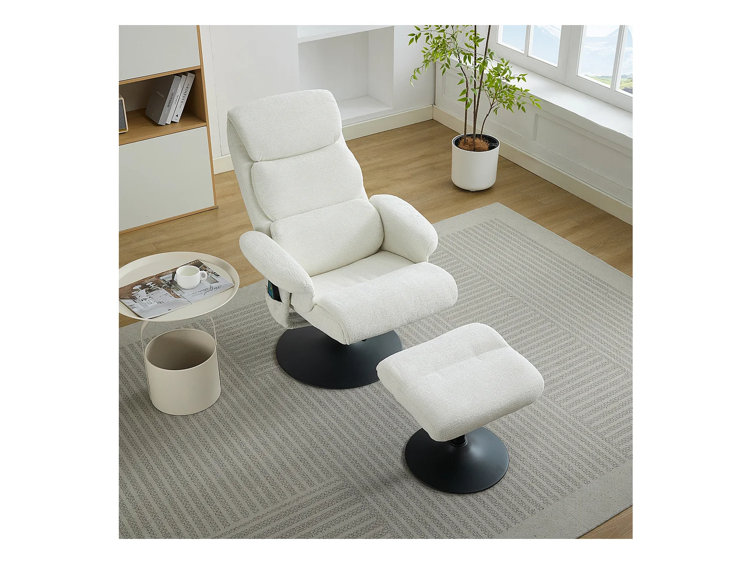 Relaxsessel avec fonction inclinable, massage à 5 points, chauffage intégré, rotation à 360°, tissu chenille blanc (77x75.5x100 cm)