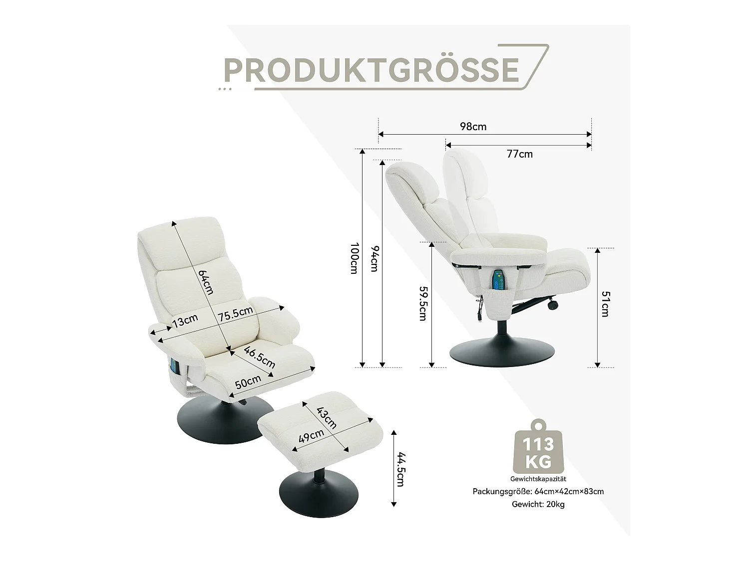 Relaxsessel avec fonction inclinable, massage à 5 points, chauffage intégré, rotation à 360°, tissu chenille blanc (77x75.5x100 cm)