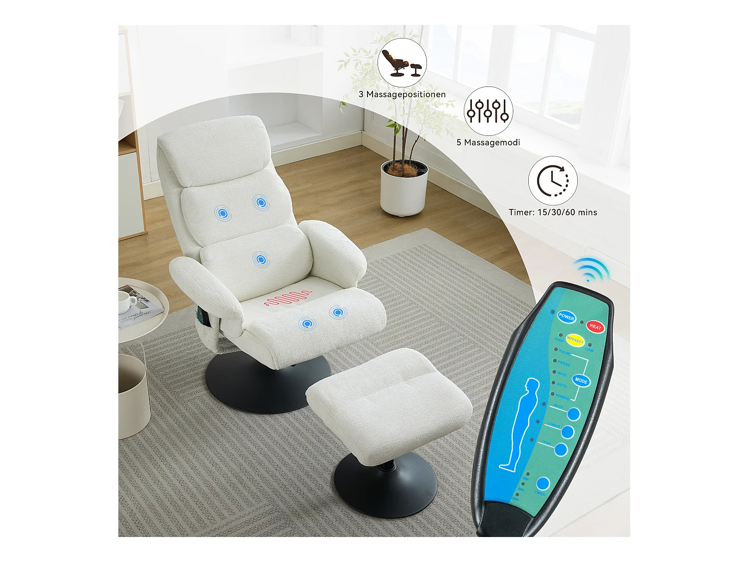 Relaxsessel avec fonction inclinable, massage à 5 points, chauffage intégré, rotation à 360°, tissu chenille blanc (77x75.5x100 cm)