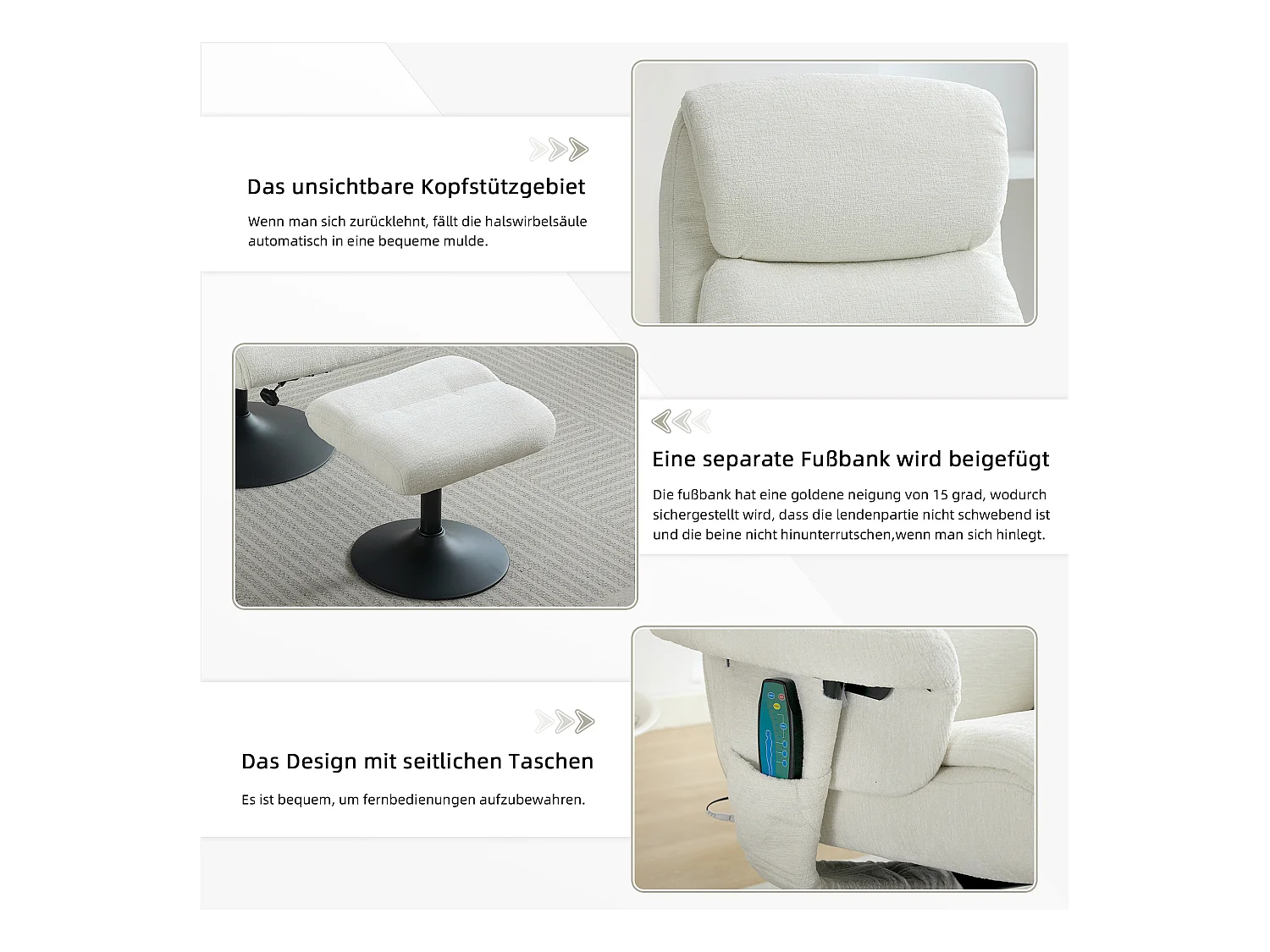 Relaxsessel avec fonction inclinable, massage à 5 points, chauffage intégré, rotation à 360°, tissu chenille blanc (77x75.5x100 cm)