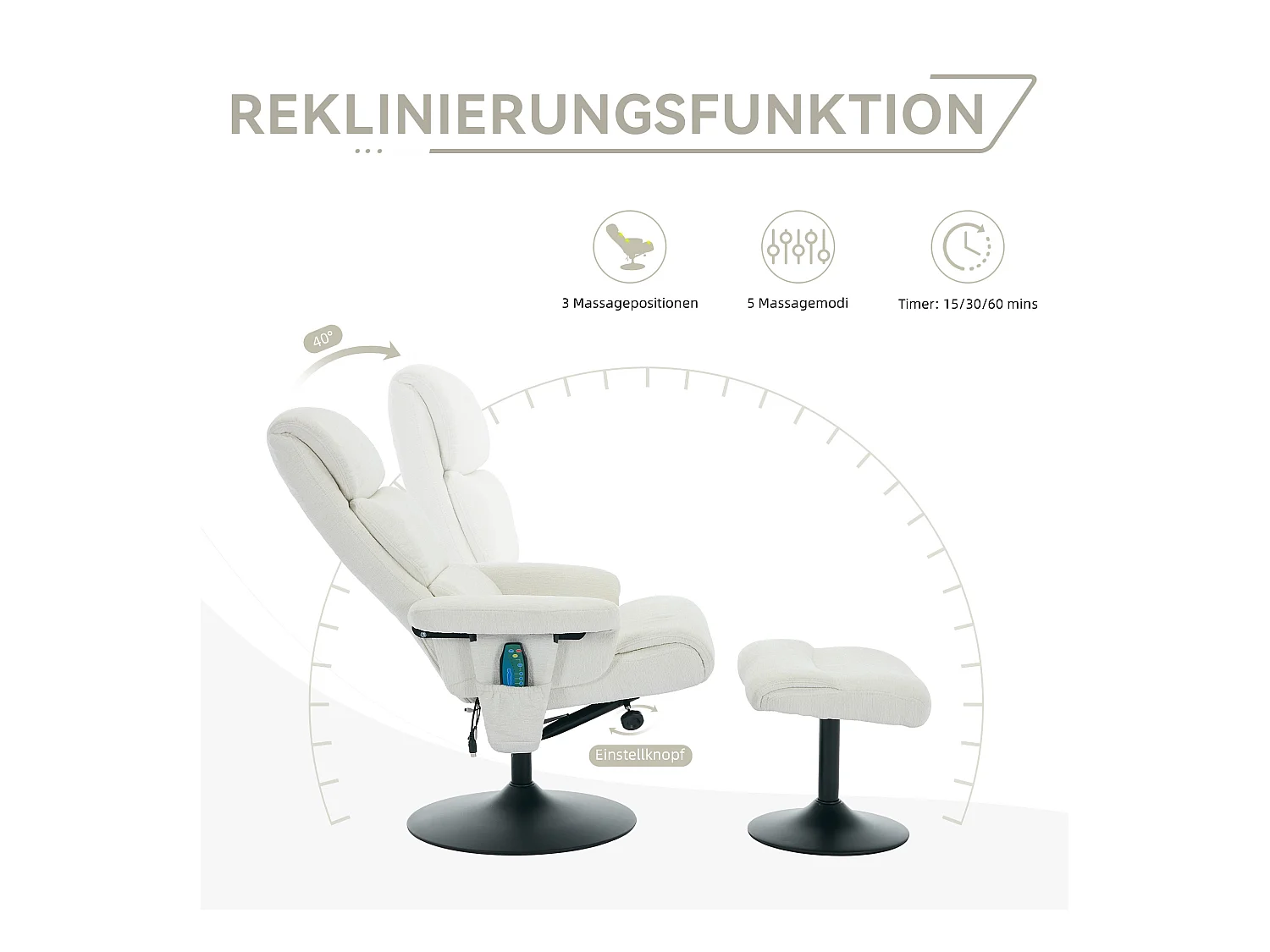 Relaxsessel avec fonction inclinable, massage à 5 points, chauffage intégré, rotation à 360°, tissu chenille blanc (77x75.5x100 cm)