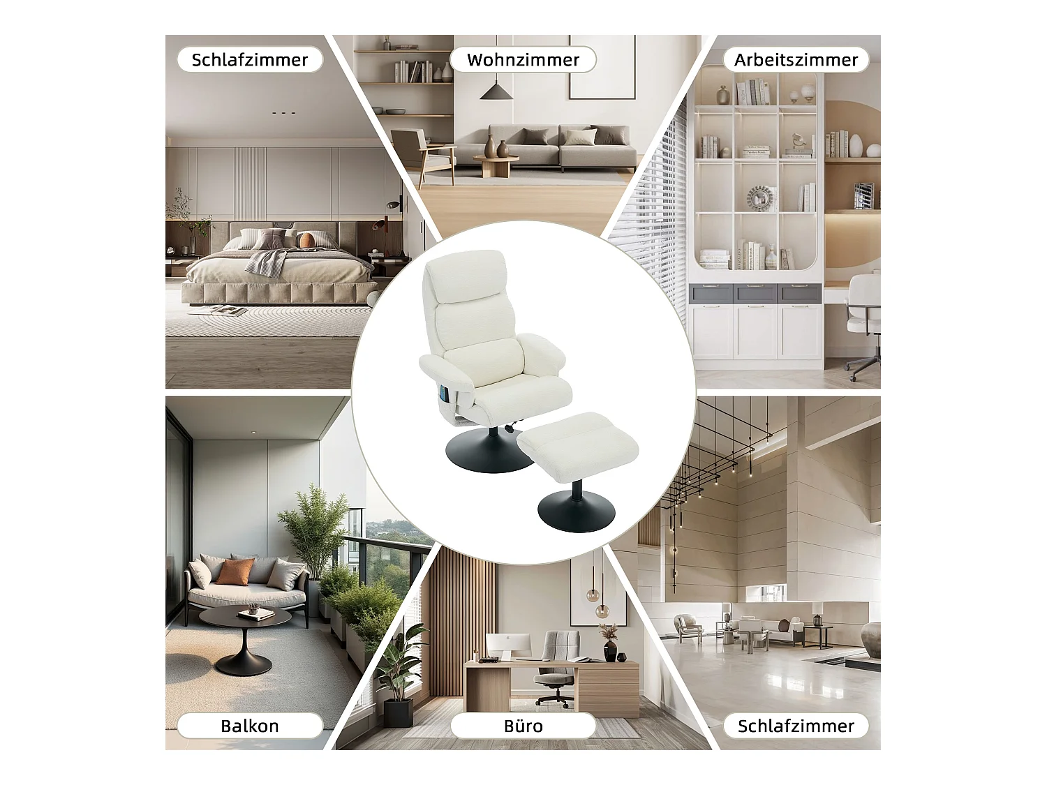 Relaxsessel avec fonction inclinable, massage à 5 points, chauffage intégré, rotation à 360°, tissu chenille blanc (77x75.5x100 cm)