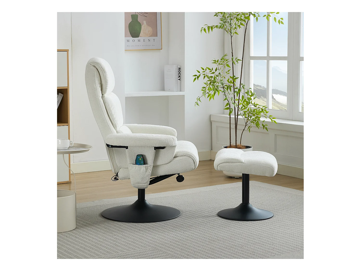 Relaxsessel avec fonction inclinable, massage à 5 points, chauffage intégré, rotation à 360°, tissu chenille blanc (77x75.5x100 cm)