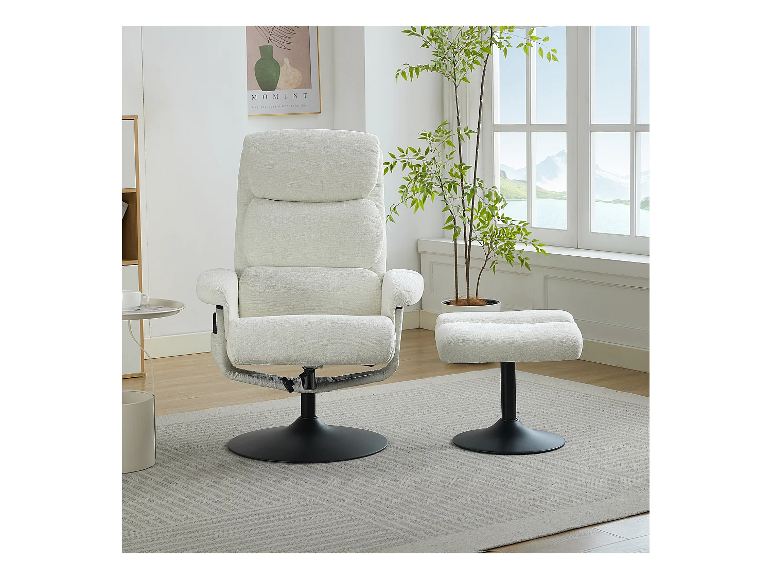 Relaxsessel avec fonction inclinable, massage à 5 points, chauffage intégré, rotation à 360°, tissu chenille blanc (77x75.5x100 cm)