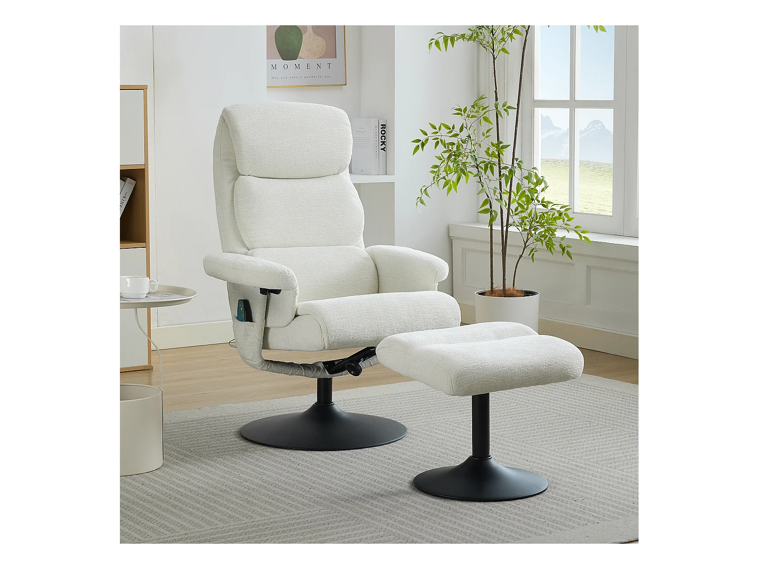 Sillón relax con función reclinable, masaje de 5 puntos, calefacción integrada, rotación de 360°, tejido chenilla blanco (77x75,5x100 cm)