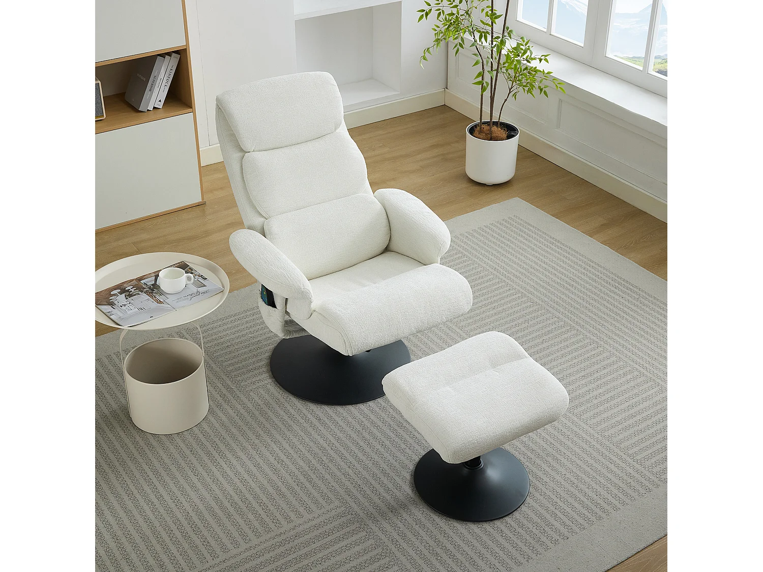 Relaxsessel avec fonction inclinable, massage à 5 points, chauffage intégré, rotation à 360°, tissu chenille blanc (77x75.5x100 cm)