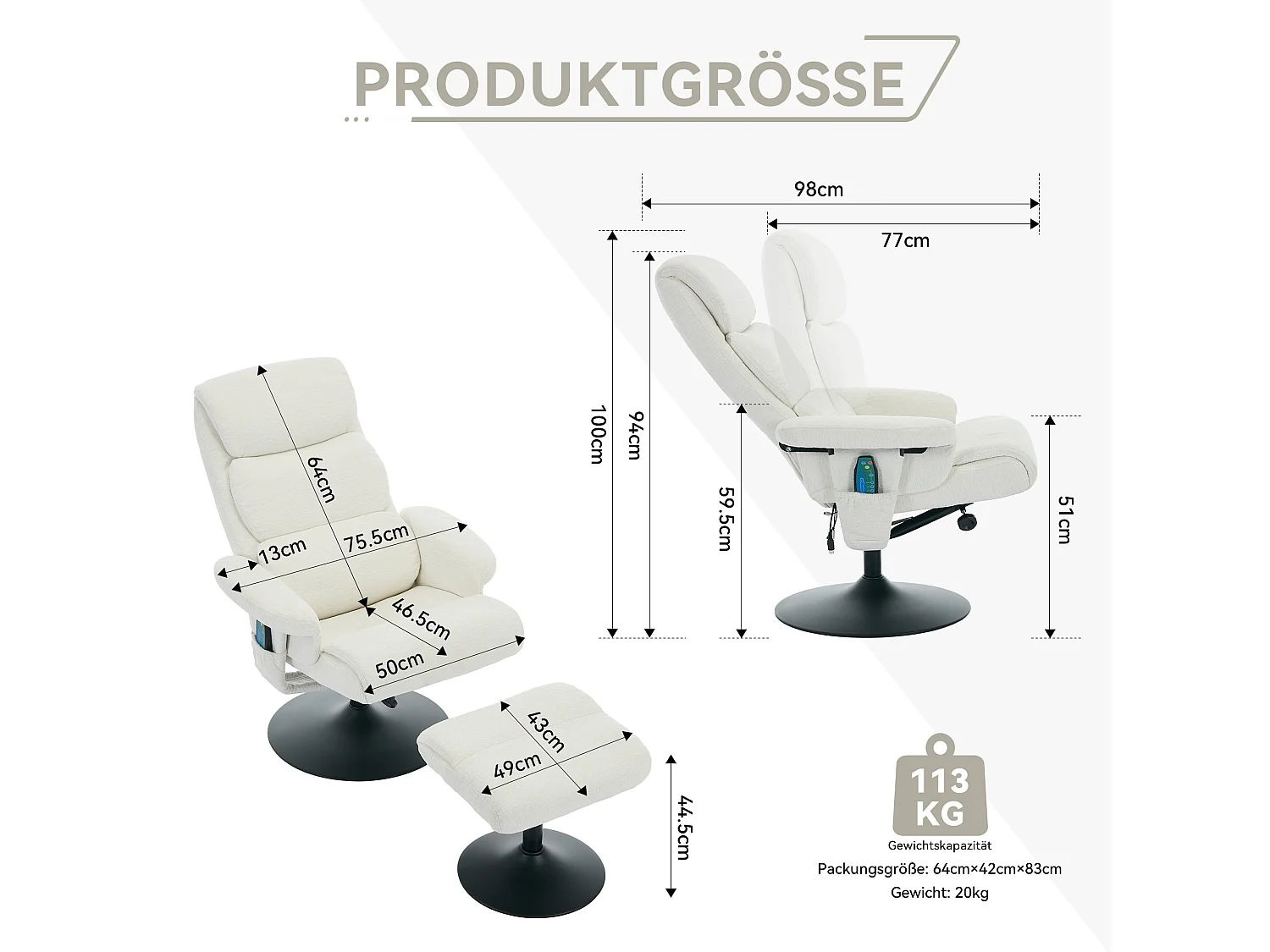 Relaxsessel avec fonction inclinable, massage à 5 points, chauffage intégré, rotation à 360°, tissu chenille blanc (77x75.5x100 cm)