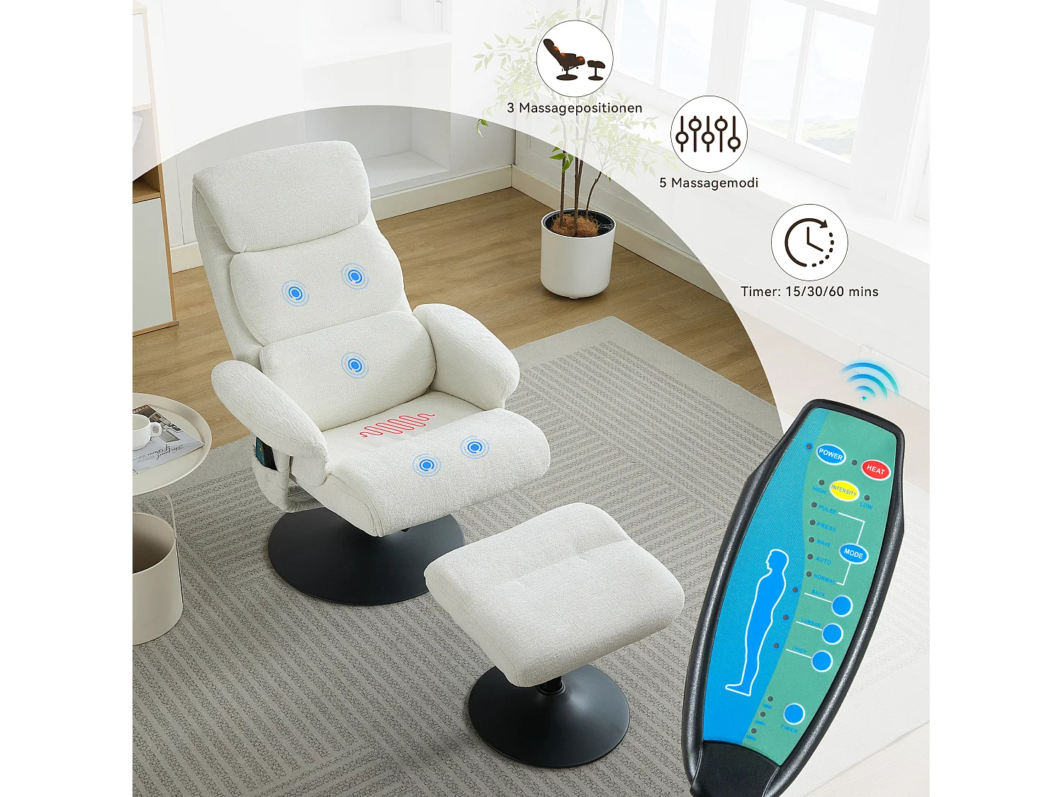 Relaxsessel avec fonction inclinable, massage à 5 points, chauffage intégré, rotation à 360°, tissu chenille blanc (77x75.5x100 cm)