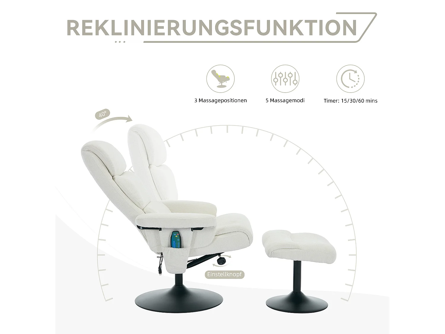 Relaxsessel avec fonction inclinable, massage à 5 points, chauffage intégré, rotation à 360°, tissu chenille blanc (77x75.5x100 cm)