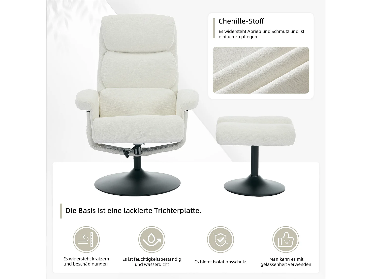 Relaxsessel avec fonction inclinable, massage à 5 points, chauffage intégré, rotation à 360°, tissu chenille blanc (77x75.5x100 cm)