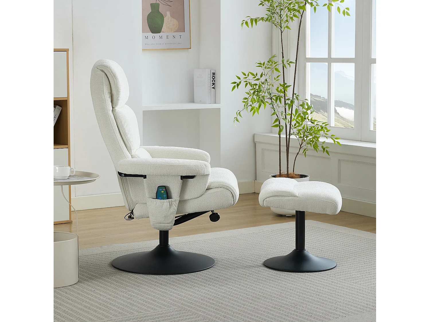 Relaxsessel avec fonction inclinable, massage à 5 points, chauffage intégré, rotation à 360°, tissu chenille blanc (77x75.5x100 cm)