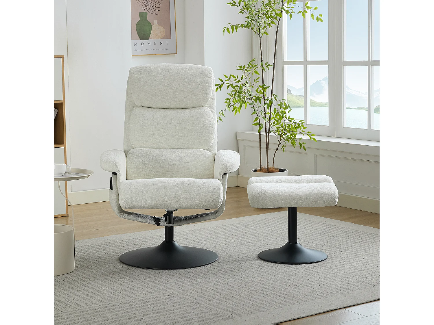 Relaxsessel avec fonction inclinable, massage à 5 points, chauffage intégré, rotation à 360°, tissu chenille blanc (77x75.5x100 cm)