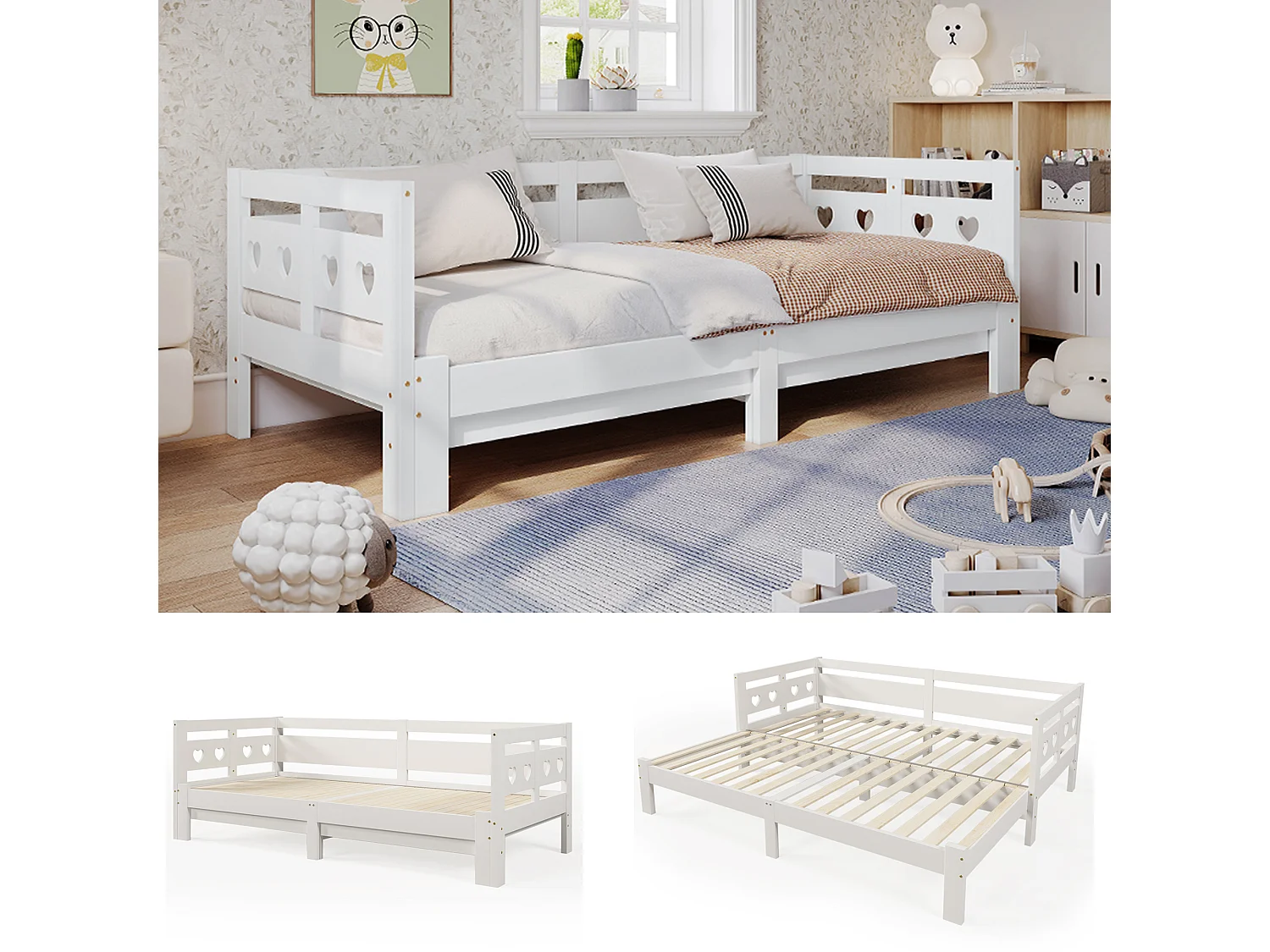 Daybett 90x200 cm, lit escamotable avec 2ème couchage, cadre en pin massif, cœur, blanc (98-187x206x66 cm)