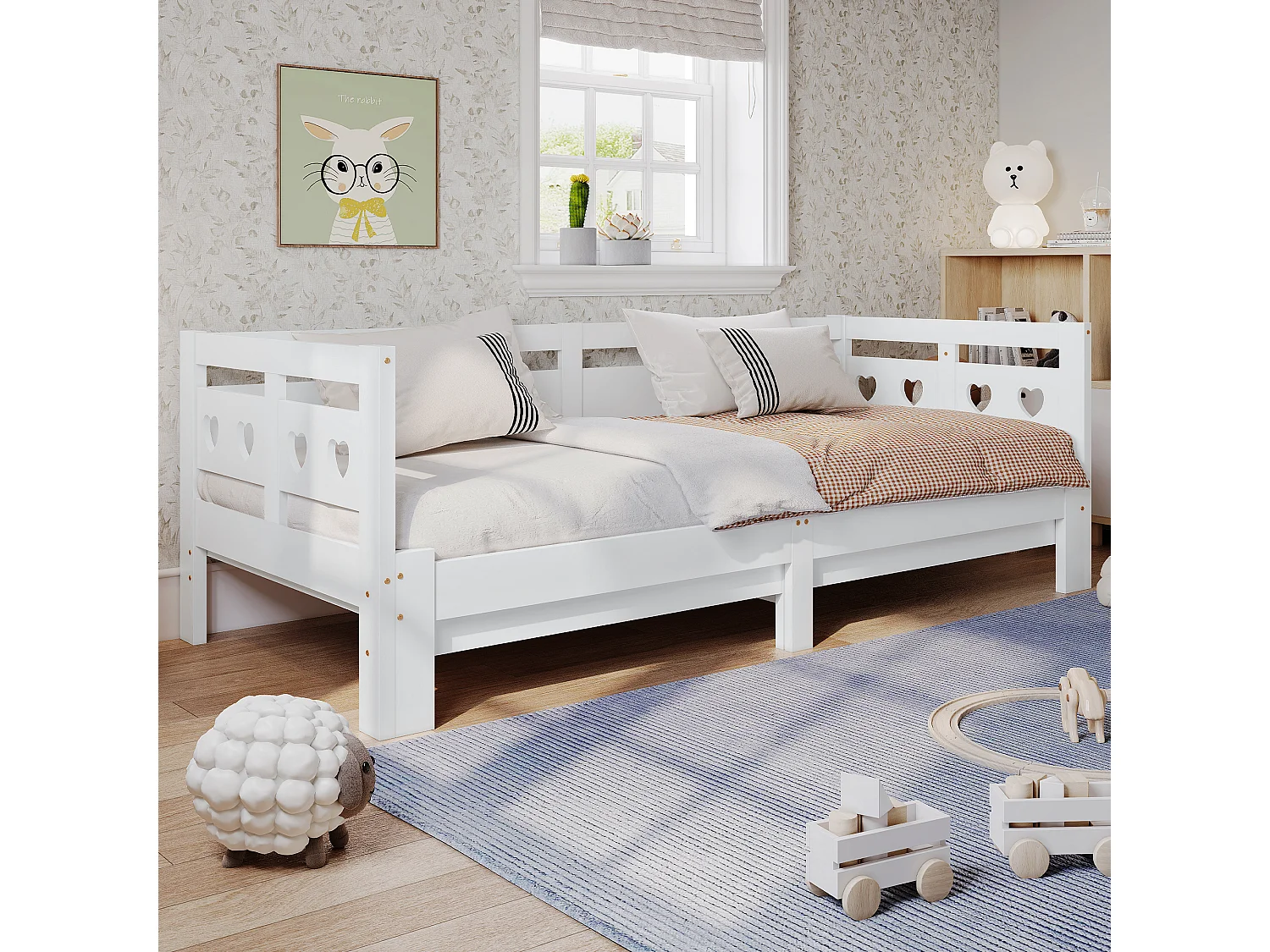 Daybett 90x200 cm, lit escamotable avec 2ème couchage, cadre en pin massif, cœur, blanc (98-187x206x66 cm)