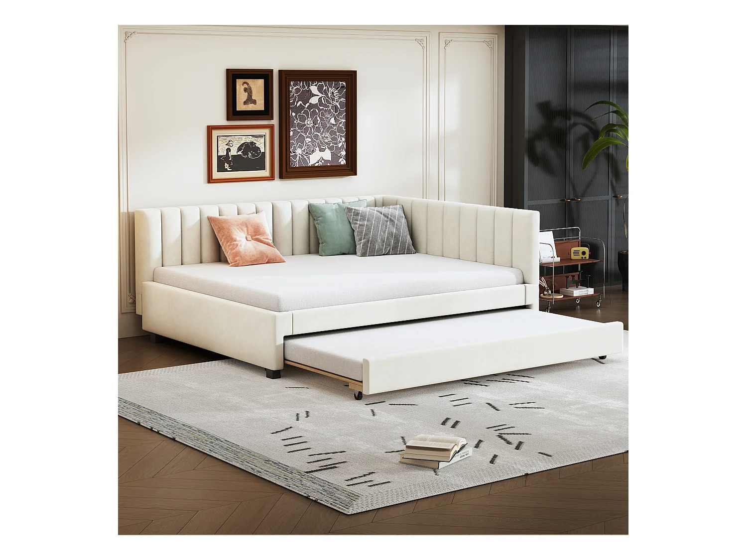 Lit avec canapé-lit extensible, tissu velours beige, 140x200 cm, multifonction avec sommier (209.5x147x71 cm)