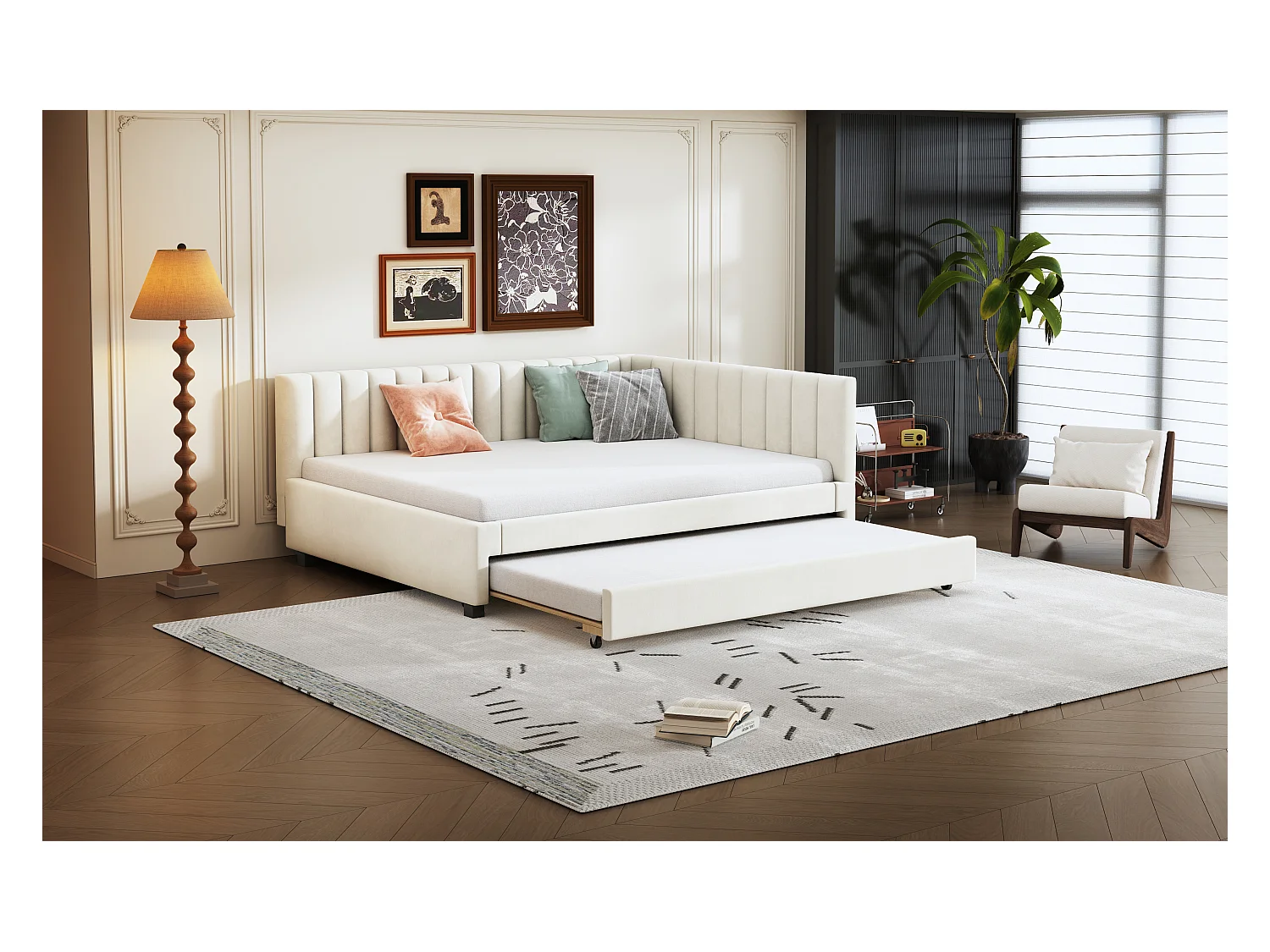 Lit avec canapé-lit extensible, tissu velours beige, 140x200 cm, multifonction avec sommier (209.5x147x71 cm)