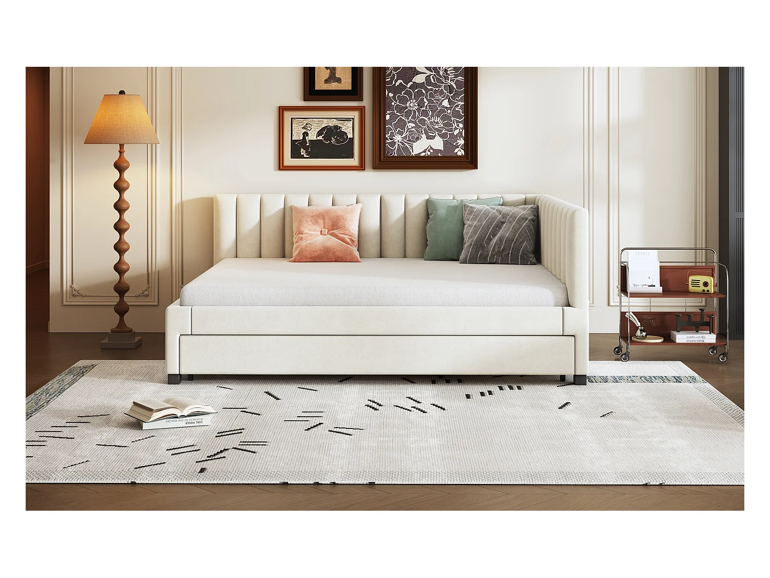 Lit avec canapé-lit extensible, tissu velours beige, 140x200 cm, multifonction avec sommier (209.5x147x71 cm)