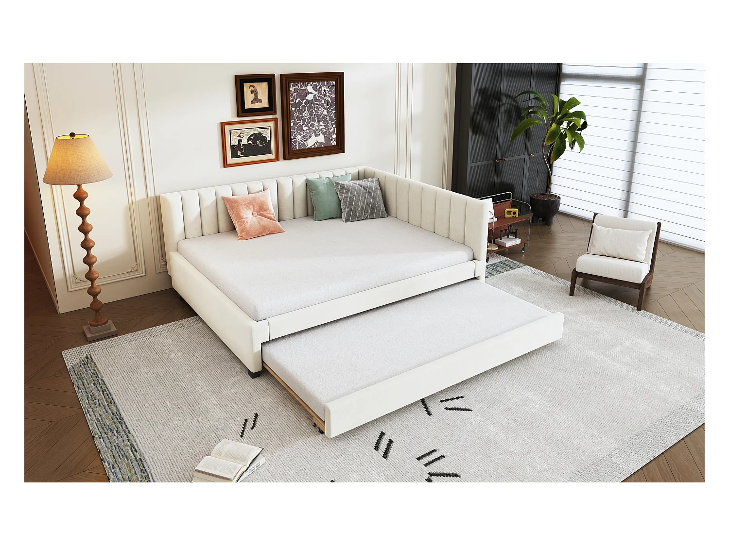 Lit avec canapé-lit extensible, tissu velours beige, 140x200 cm, multifonction avec sommier (209.5x147x71 cm)