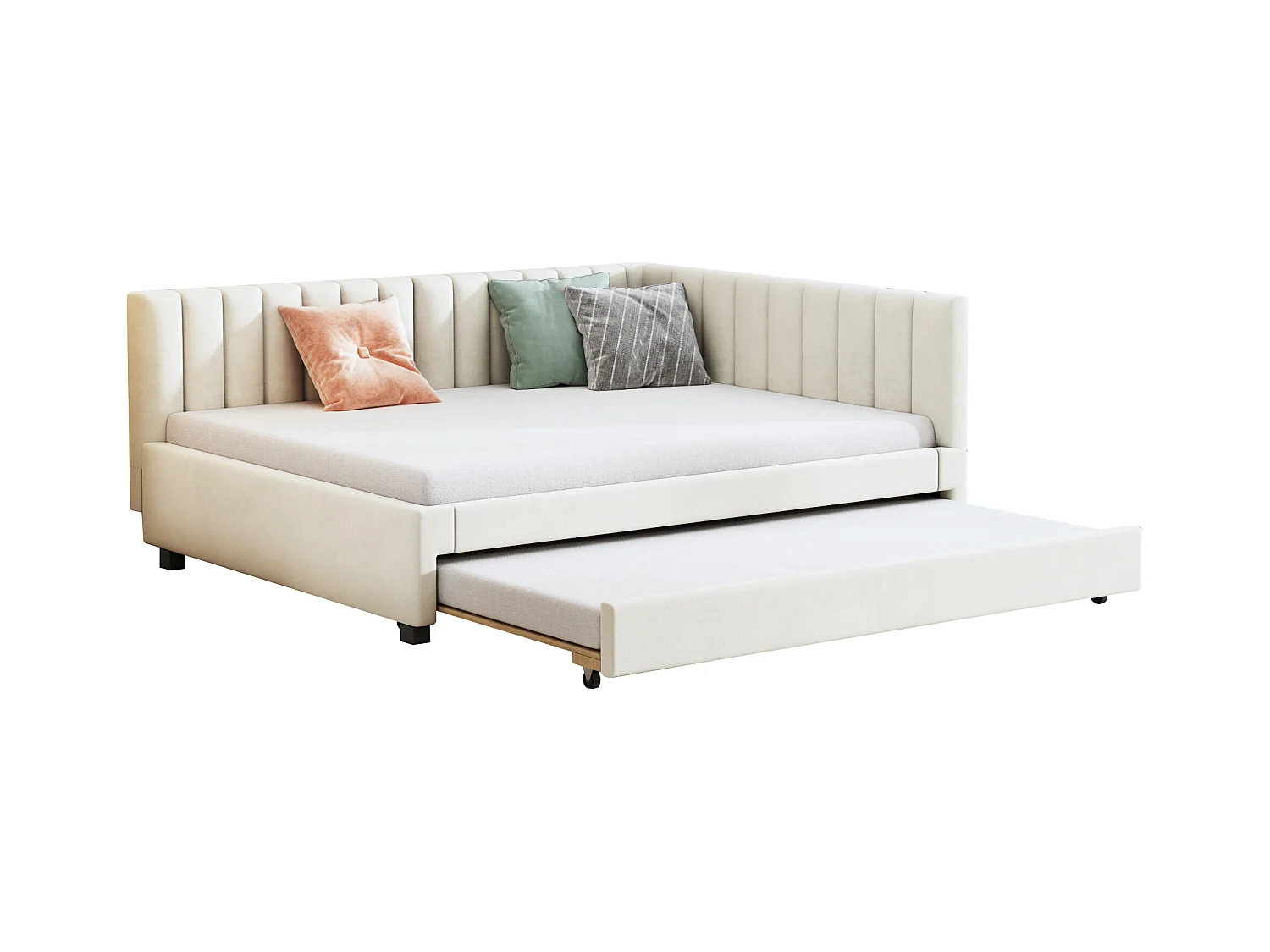 Lit avec canapé-lit extensible, tissu velours beige, 140x200 cm, multifonction avec sommier (209.5x147x71 cm)