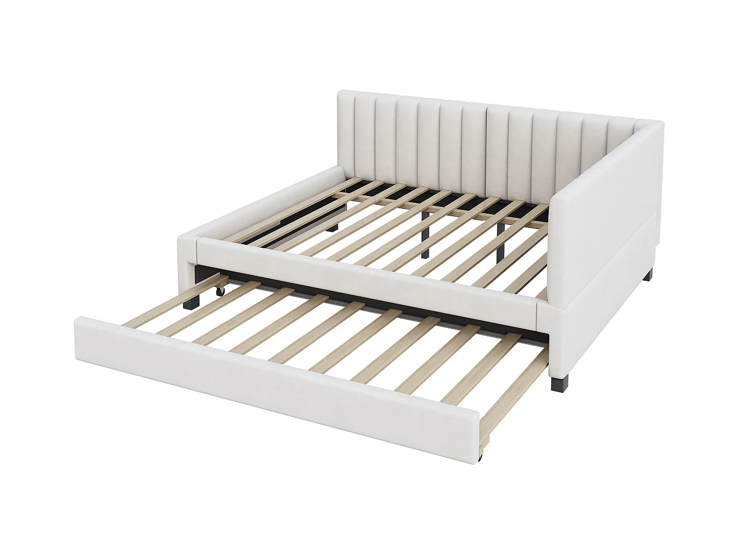 Lit avec canapé-lit extensible, tissu velours beige, 140x200 cm, multifonction avec sommier (209.5x147x71 cm)