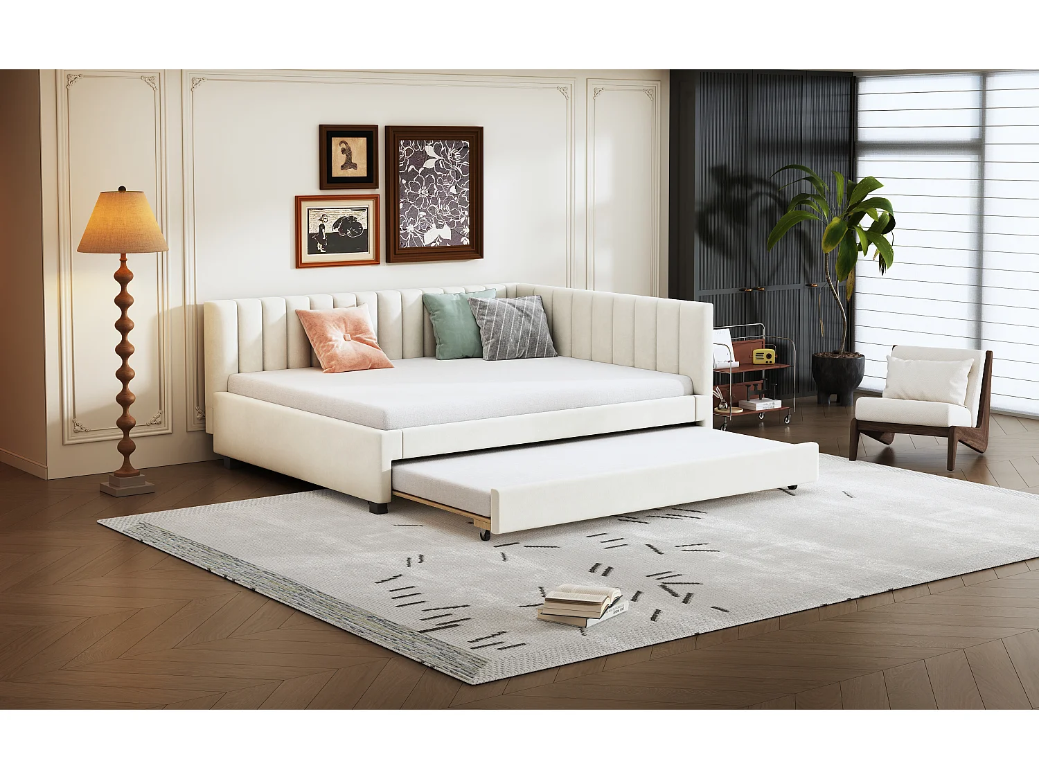 Lit avec canapé-lit extensible, tissu velours beige, 140x200 cm, multifonction avec sommier (209.5x147x71 cm)