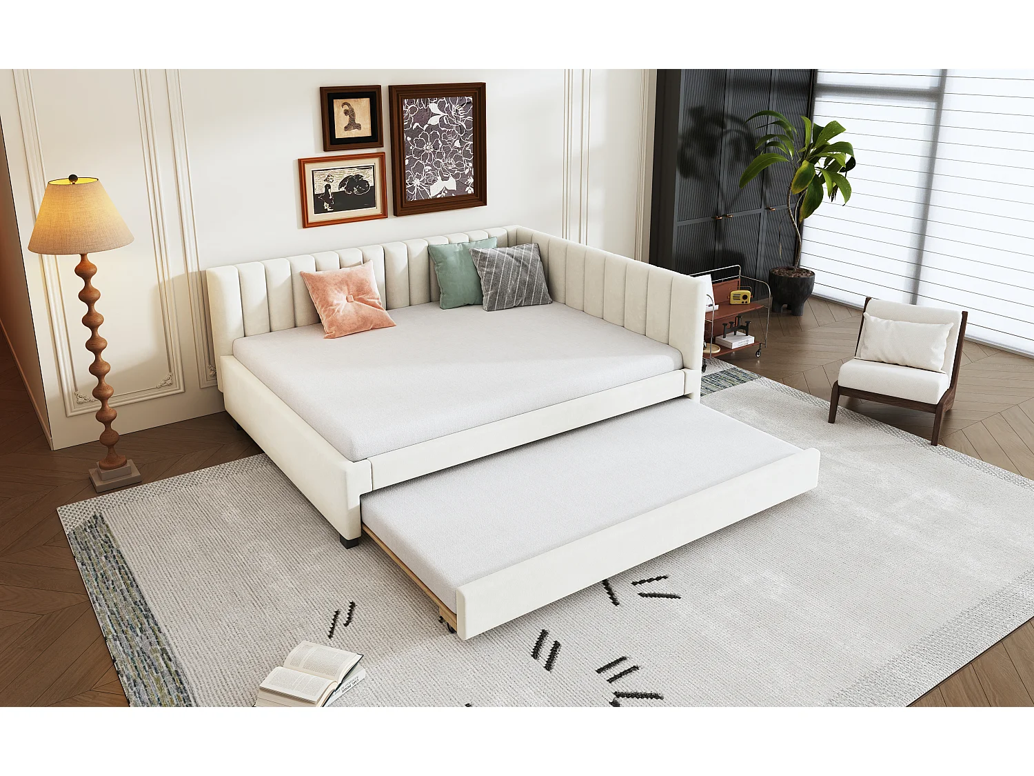 Lit avec canapé-lit extensible, tissu velours beige, 140x200 cm, multifonction avec sommier (209.5x147x71 cm)