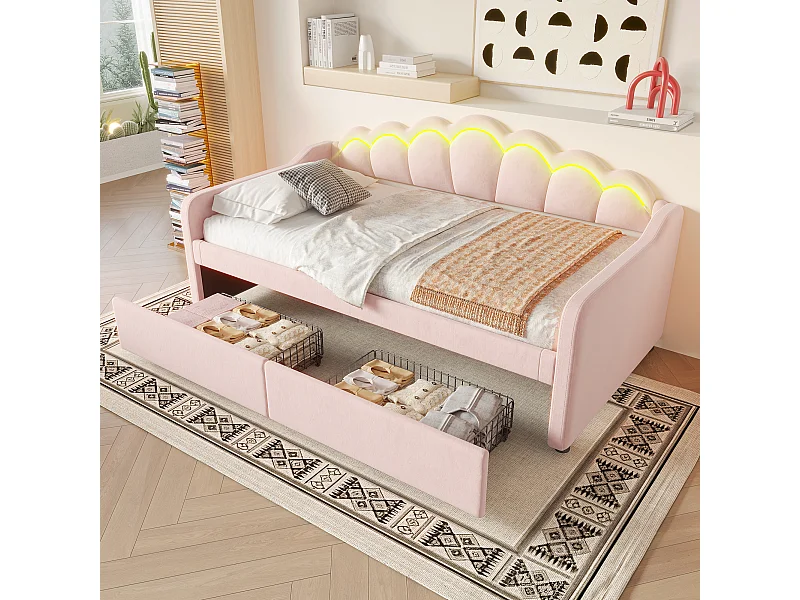 Cama con cajones de almacenaje, sofá cama, cama de 90x200cm, terciopelo, con tira LED que cambia de color, rosa (214x98x87 cm)