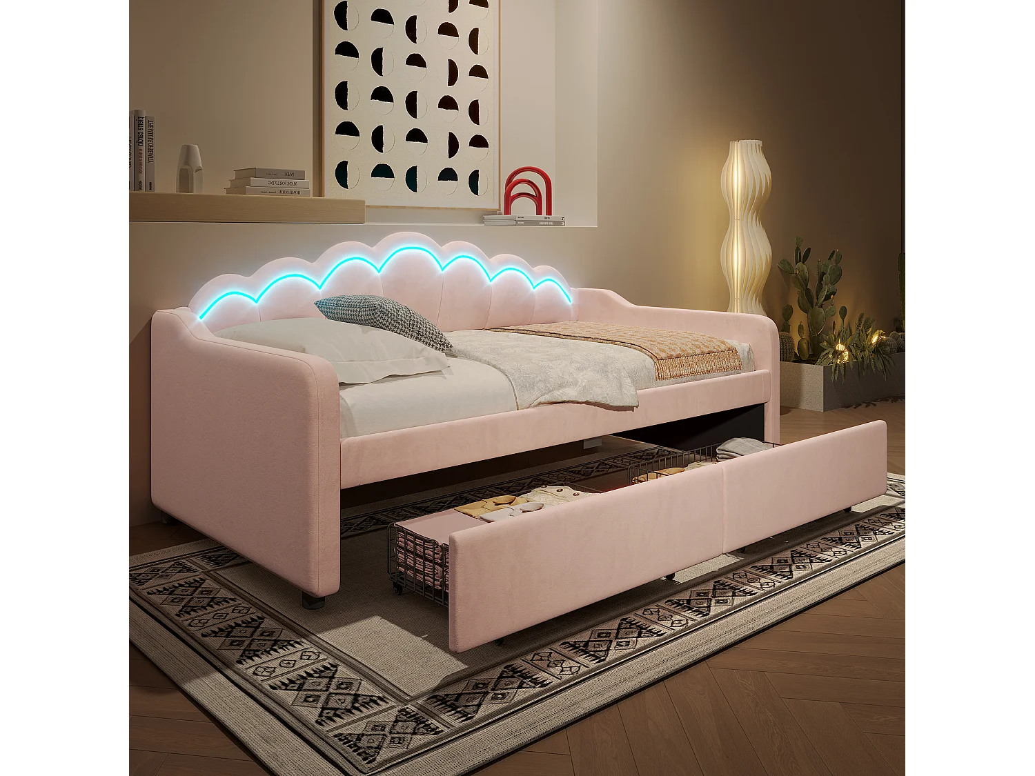 Lit avec tiroirs de rangement, canapé-lit, lit 90x200cm, en velours, avec bande LED changeant de couleur, rose (214x98x87 cm)