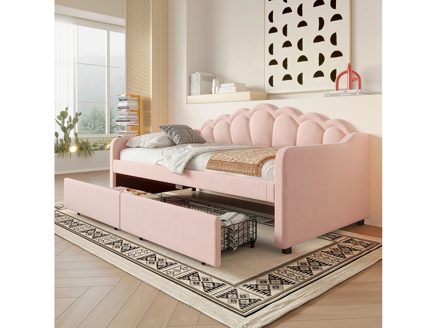 Lit avec tiroirs de rangement, canapé-lit, lit 90x200cm, en velours, avec bande LED changeant de couleur, rose (214x98x87 cm)