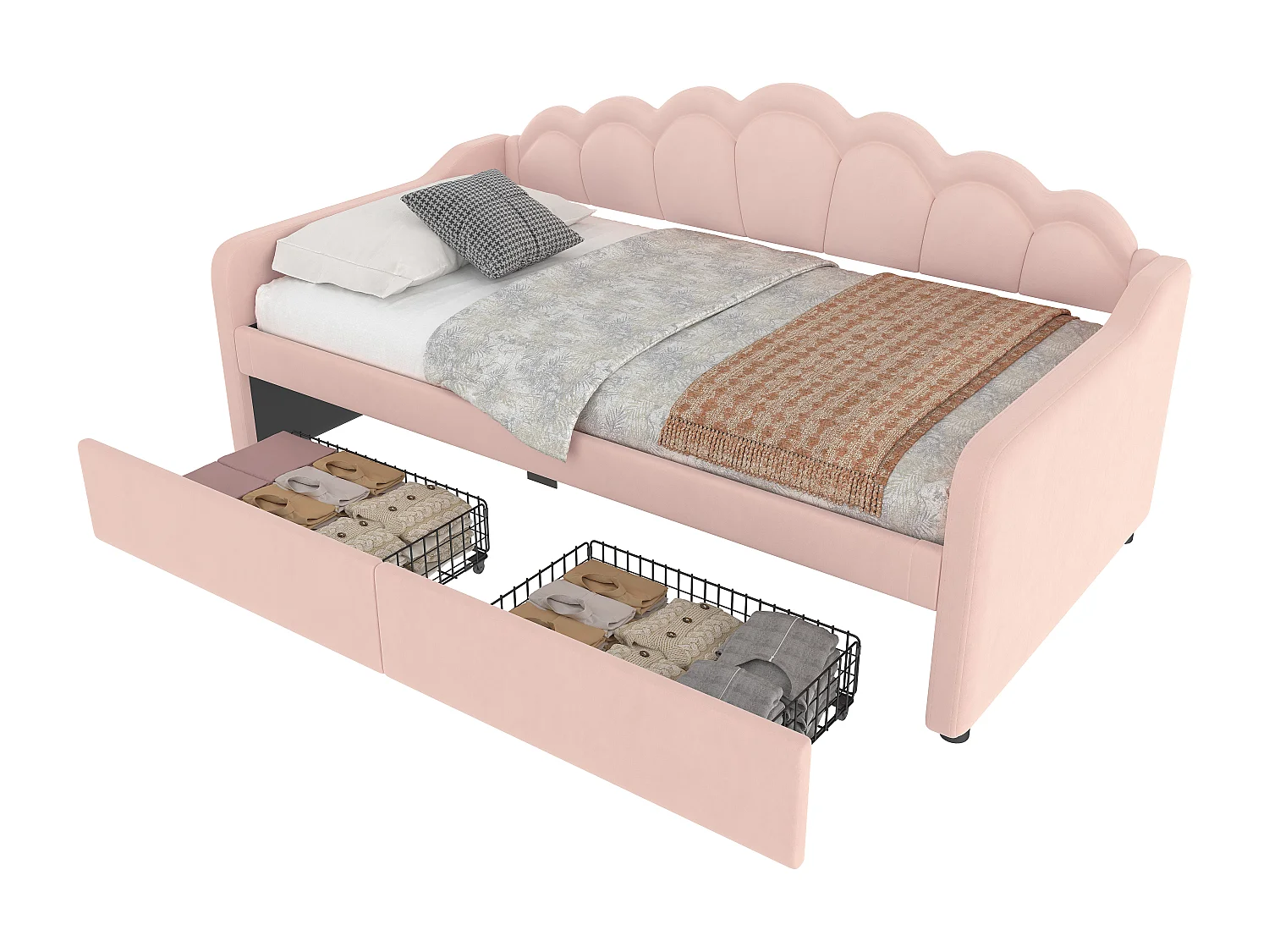 Lit avec tiroirs de rangement, canapé-lit, lit 90x200cm, en velours, avec bande LED changeant de couleur, rose (214x98x87 cm)