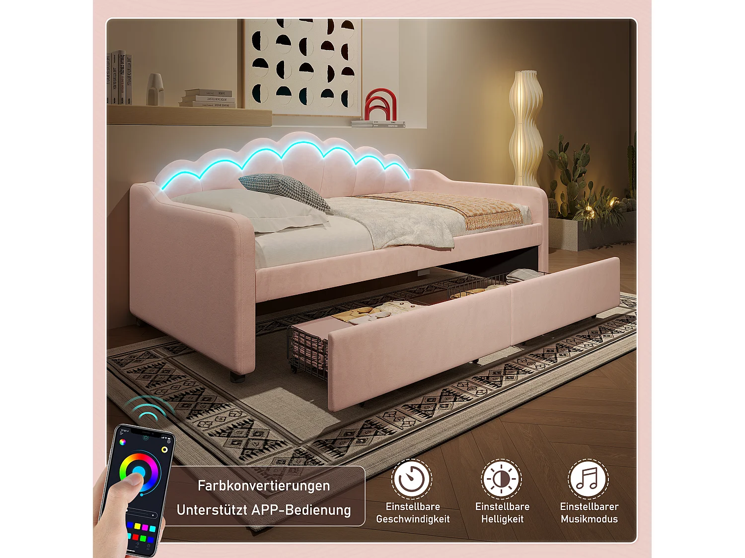 Lit avec tiroirs de rangement, canapé-lit, lit 90x200cm, en velours, avec bande LED changeant de couleur, rose (214x98x87 cm)