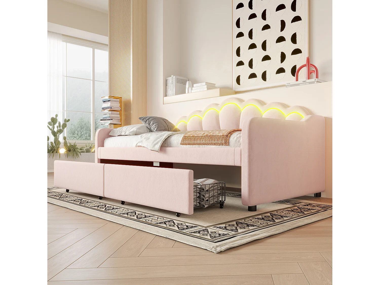 Bed met opberglades, slaapbank, 90x200cm bed, fluweel, met kleurveranderende LED-strip, roze (214x98x87 cm)