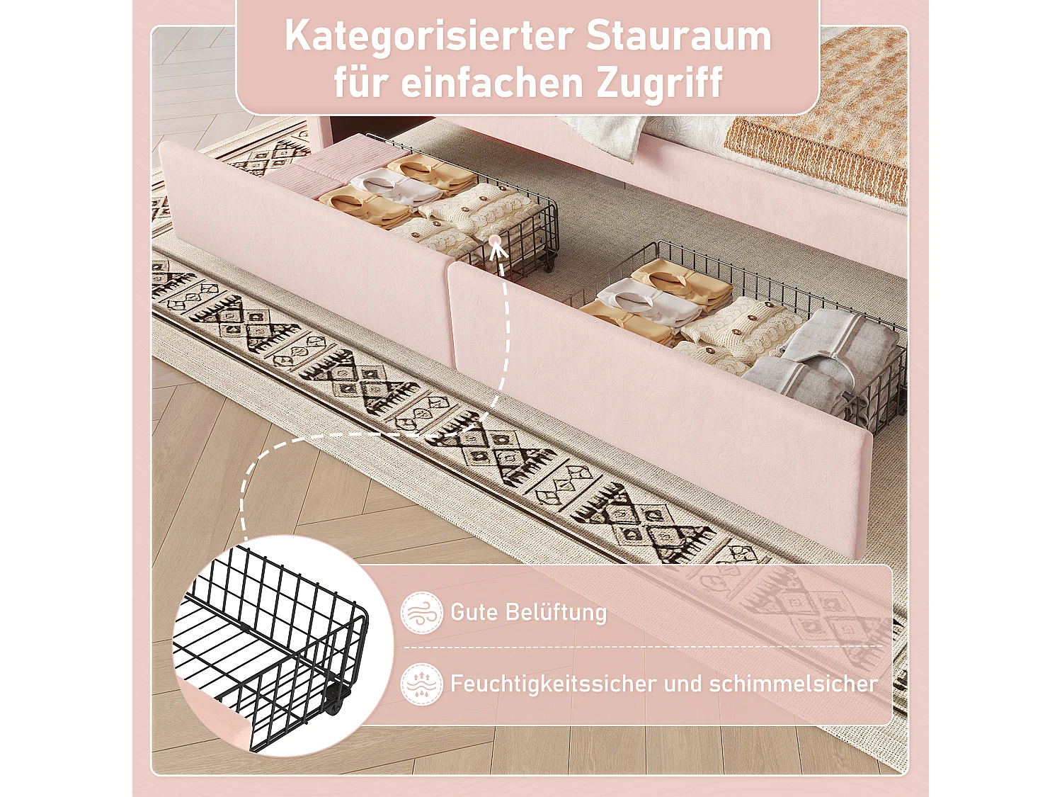 Bed met opberglades, slaapbank, 90x200cm bed, fluweel, met kleurveranderende LED-strip, roze (214x98x87 cm)