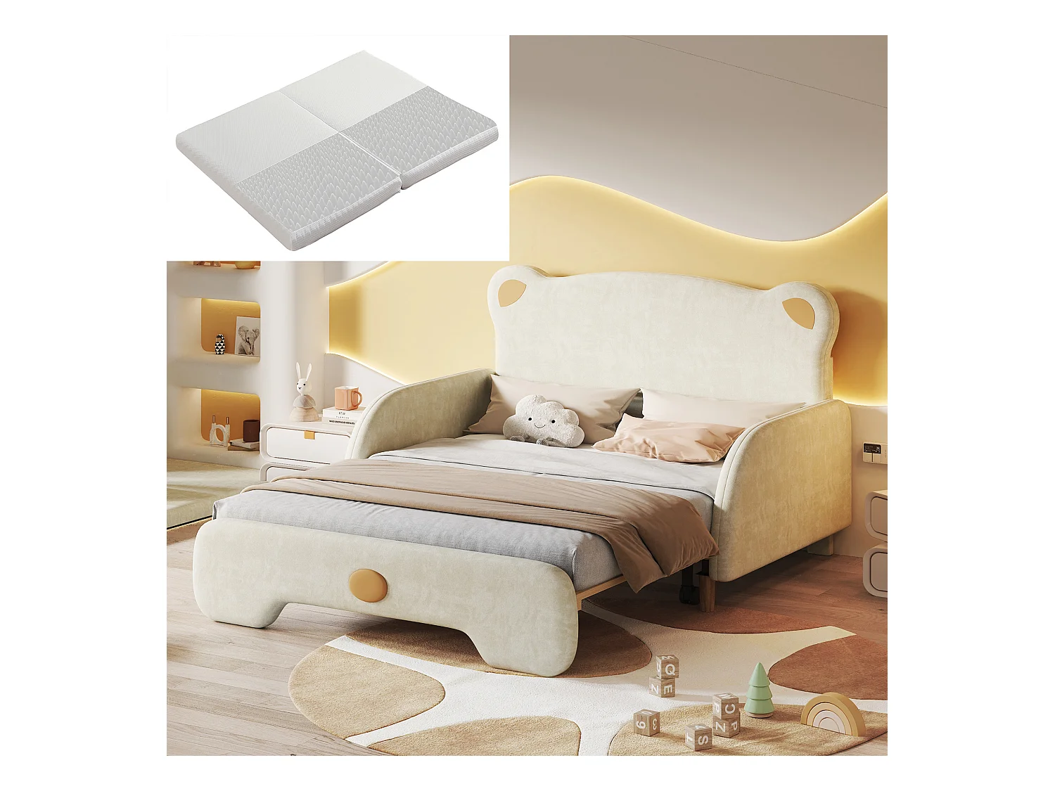 Lit double en forme d'ours, canapé-lit avec matelas, en velours beige, avec bords de protection (204x149x107 cm)