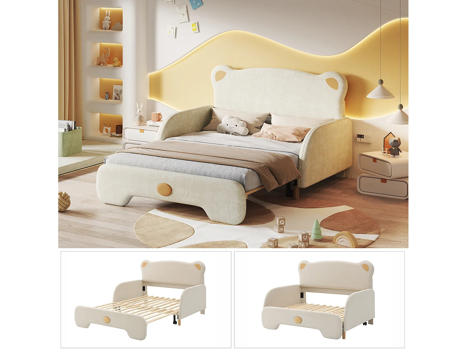 Tweepersoonsbed in de vorm van een beer, slaapbank met matras, in beige fluweel, met beschermranden (204x149x107 cm)