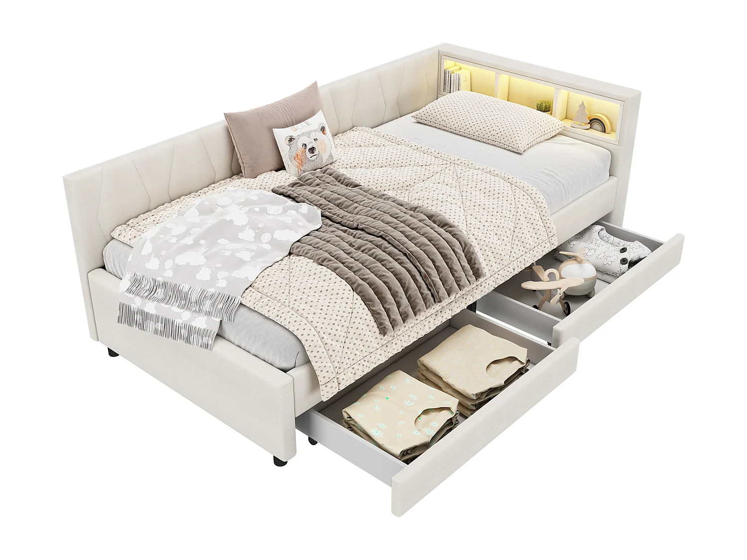 Daybed, 90 x 200 cm, canapé-lit, compartiment de rangement, USB + Type-C, télécommande pour éclairage LED, 2 tiroirs (210x94.5x71 cm)