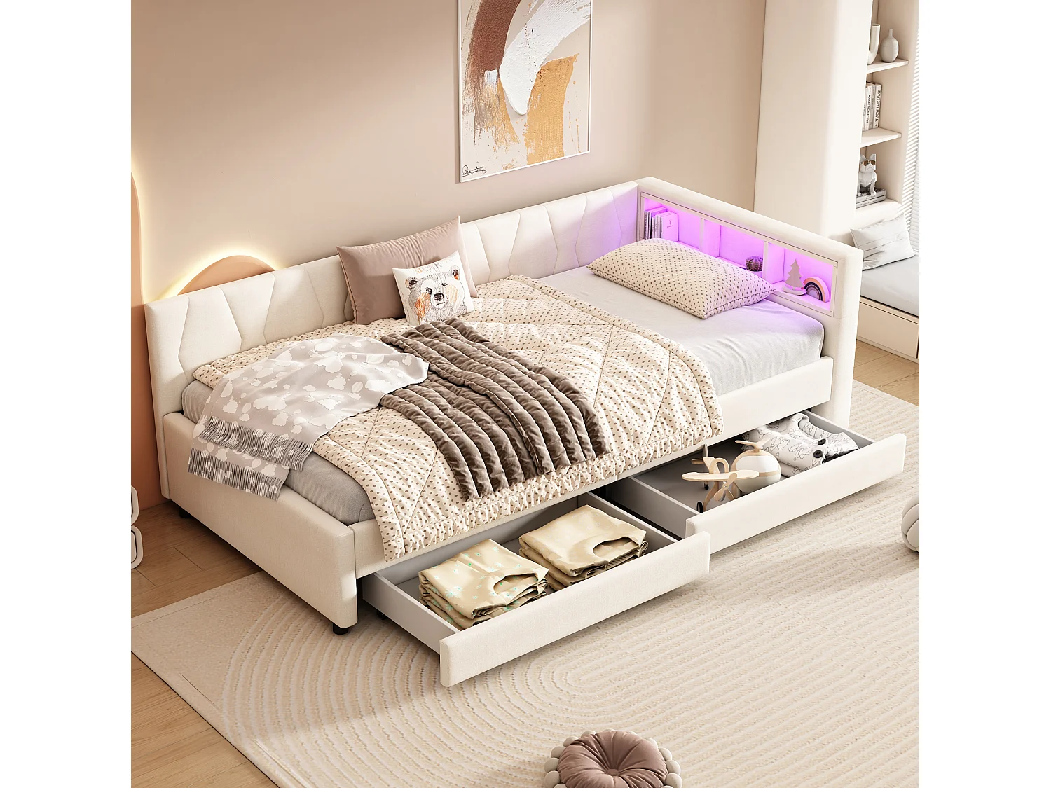 Dagbed, 90 x 200 cm, slaapbank, opbergvak, USB + Type-C, afstandsbediening voor LED-verlichting, 2 lades (210x94,5x71 cm)