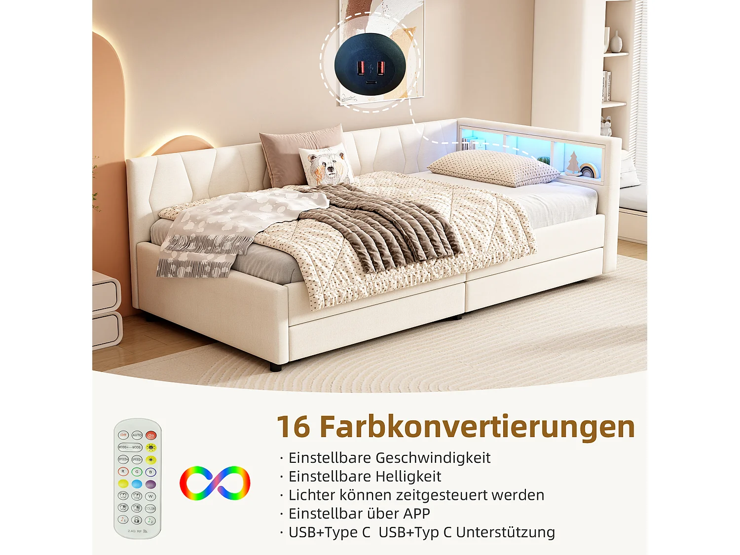 Dagbed, 90 x 200 cm, slaapbank, opbergvak, USB + Type-C, afstandsbediening voor LED-verlichting, 2 lades (210x94,5x71 cm)