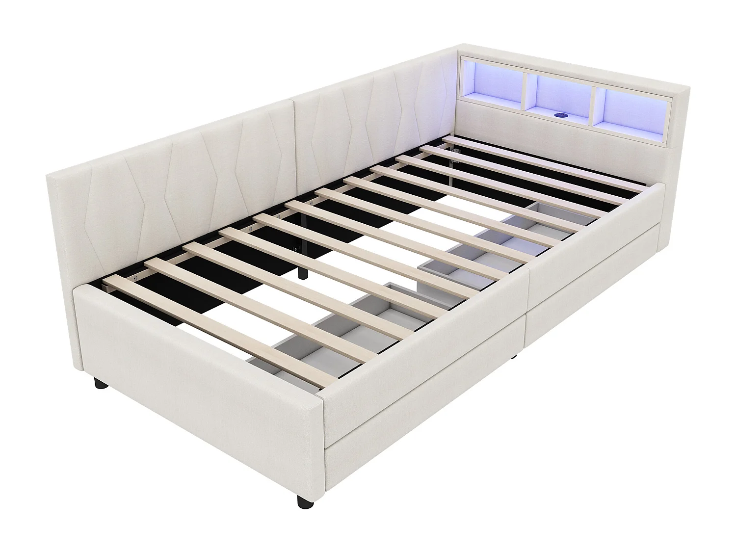 Dagbed, 90 x 200 cm, slaapbank, opbergvak, USB + Type-C, afstandsbediening voor LED-verlichting, 2 lades (210x94,5x71 cm)