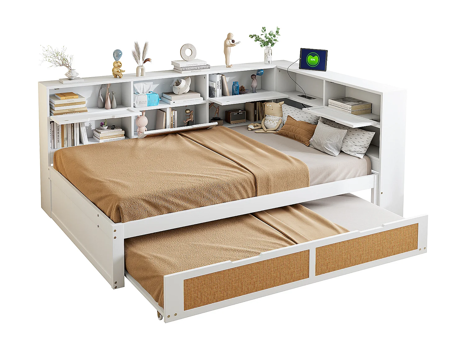 Houten slaapbank met opbergruimte 140x200 cm, met opklapbed, USB-aansluitingen en opbergplanken, wit (225x166x92 cm)