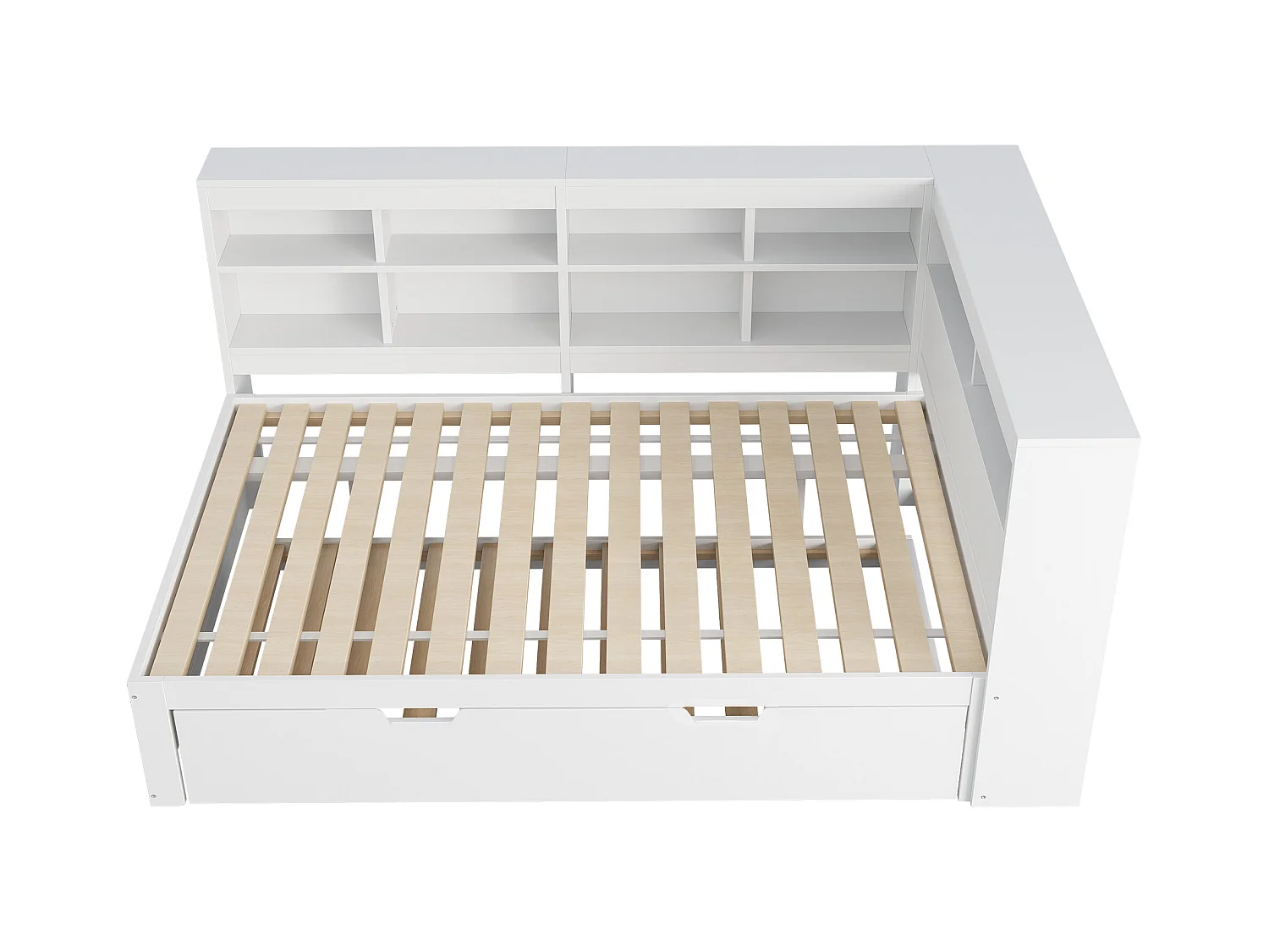 Canapé-lit 140x200 avec Lit Extensible 90x190, Prise USB et Rangement, Lit en Bois Massif, Blanc (222.5x166x92.5 cm)