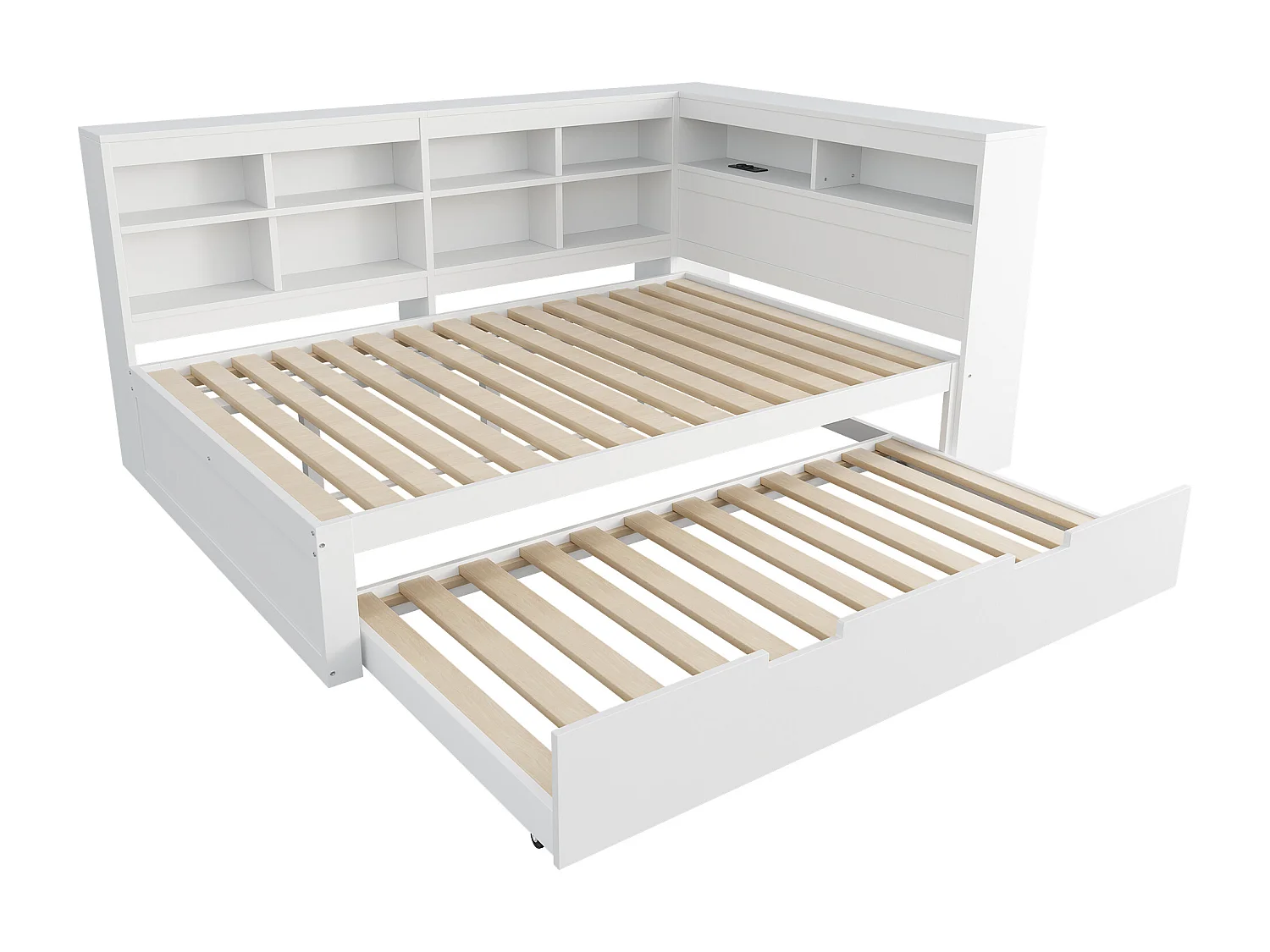 Canapé-lit 140x200 avec Lit Extensible 90x190, Prise USB et Rangement, Lit en Bois Massif, Blanc (222.5x166x92.5 cm)