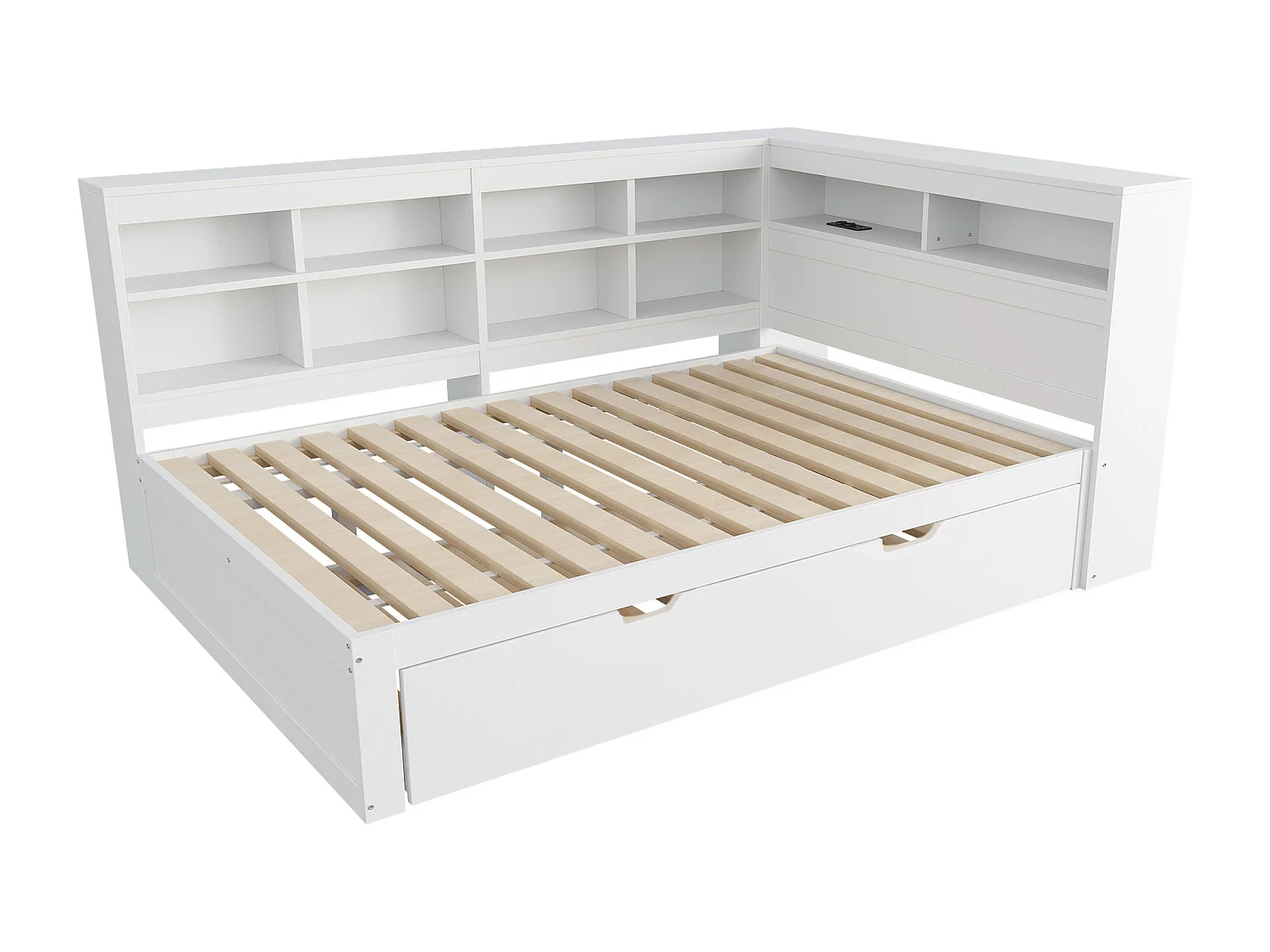 Canapé-lit 140x200 avec Lit Extensible 90x190, Prise USB et Rangement, Lit en Bois Massif, Blanc (222.5x166x92.5 cm)