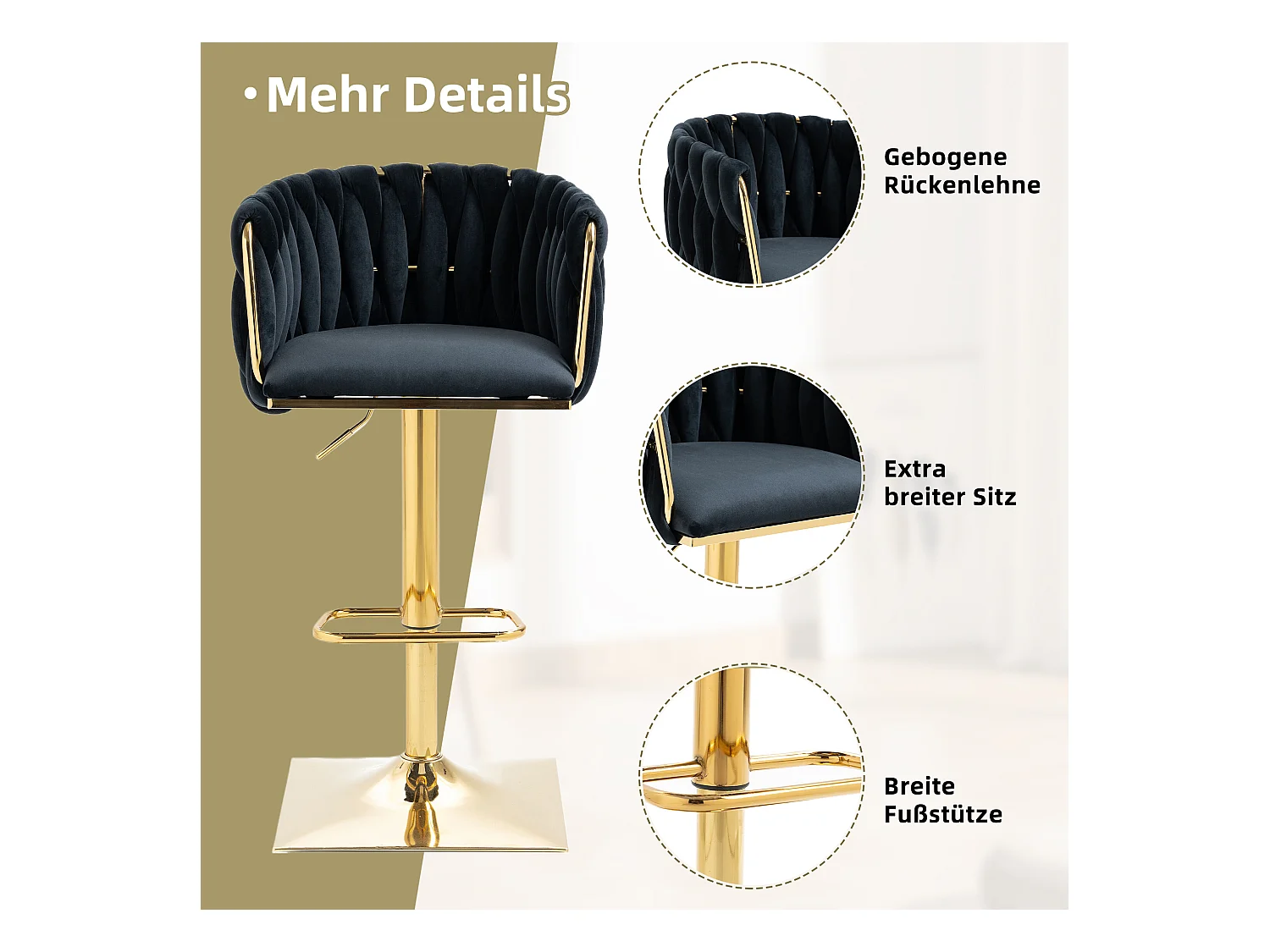 Tabouret de bar vintage avec dossier et repose-pieds, hauteur de comptoir, chaise de salle à manger pour îlot de cuisine, bar (53x51x87 cm)