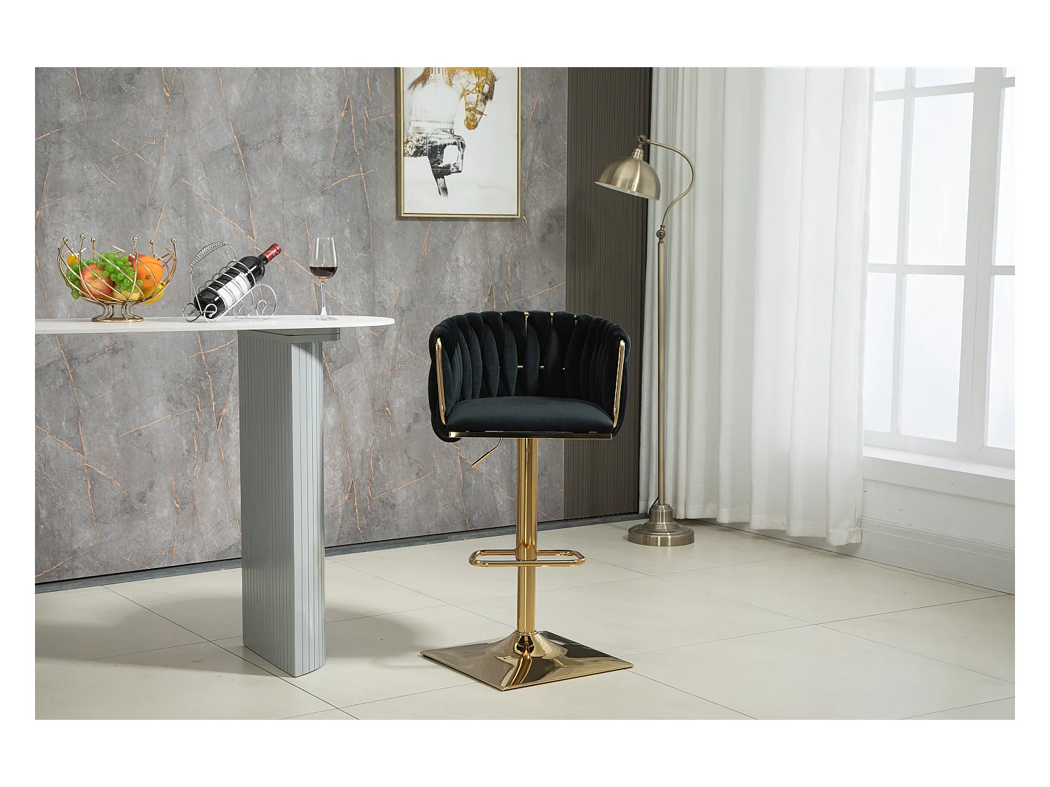 Tabouret de bar vintage avec dossier et repose-pieds, hauteur de comptoir, chaise de salle à manger pour îlot de cuisine, bar (53x51x87 cm)