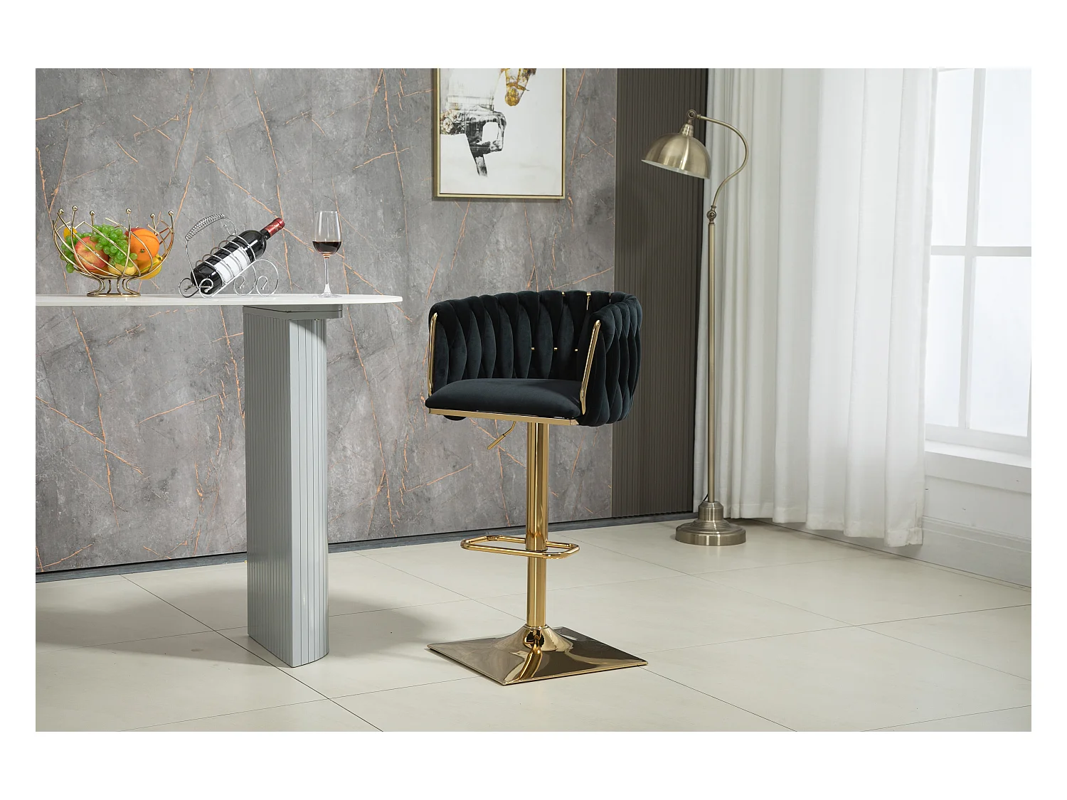 Tabouret de bar vintage avec dossier et repose-pieds, hauteur de comptoir, chaise de salle à manger pour îlot de cuisine, bar (53x51x87 cm)