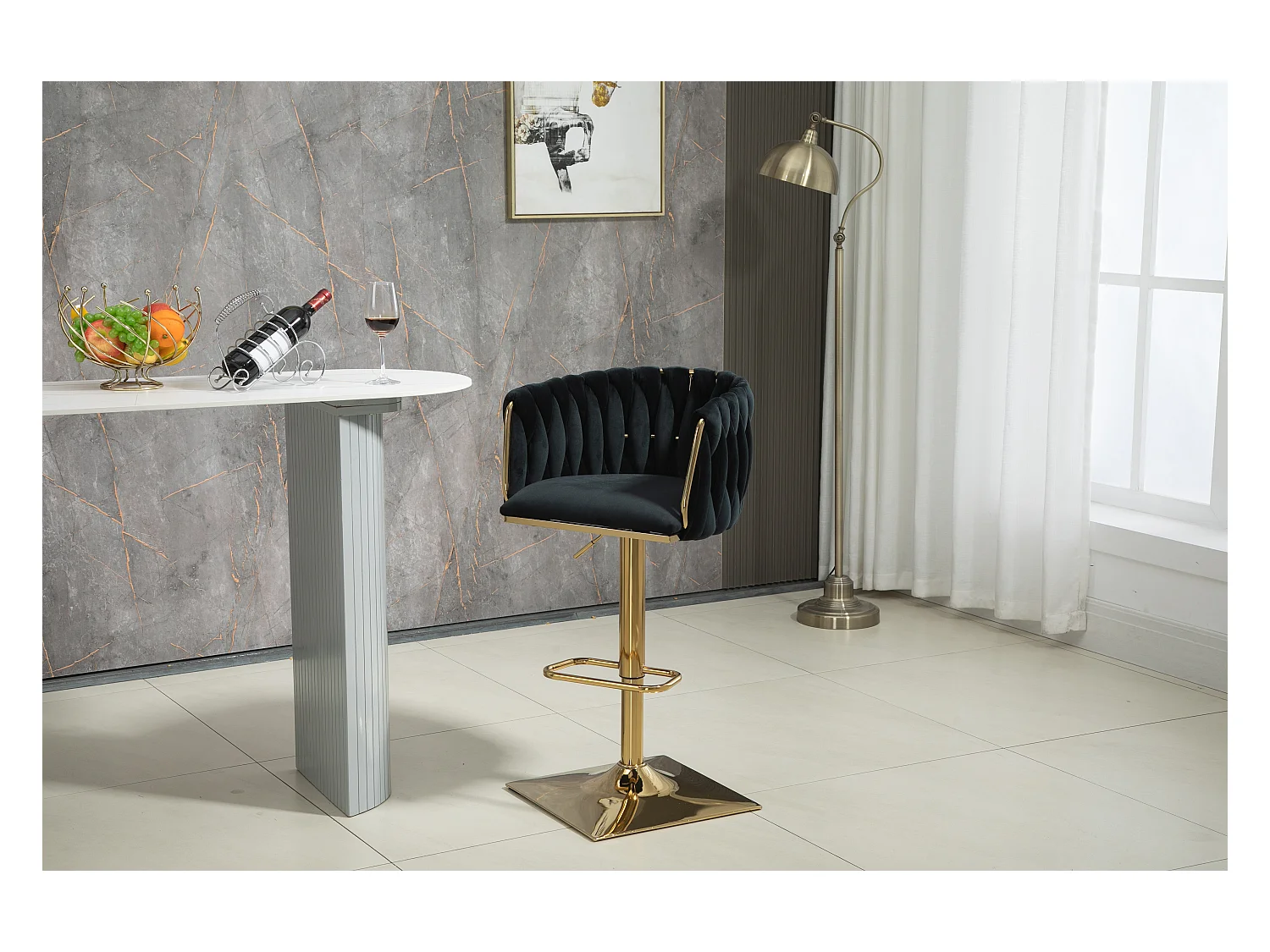 Tabouret de bar vintage avec dossier et repose-pieds, hauteur de comptoir, chaise de salle à manger pour îlot de cuisine, bar (53x51x87 cm)