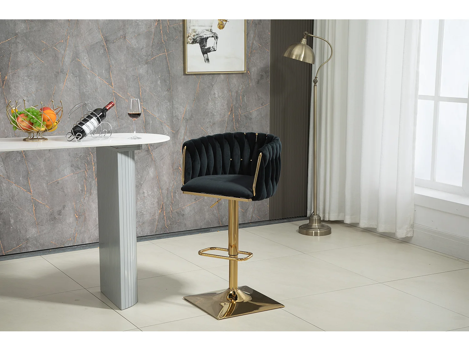 Tabouret de bar vintage avec dossier et repose-pieds, hauteur de comptoir, chaise de salle à manger pour îlot de cuisine, bar (53x51x87 cm)