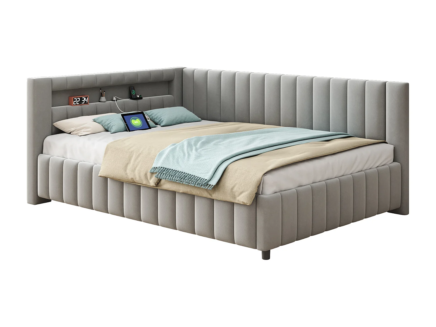 Canapé-lit 140 x 200 cm, avec LED, USB, Lattenrost, Tissu en Velours, avec Dos et Tête de Lit, Gris (209 x 147.5 x 82 cm)