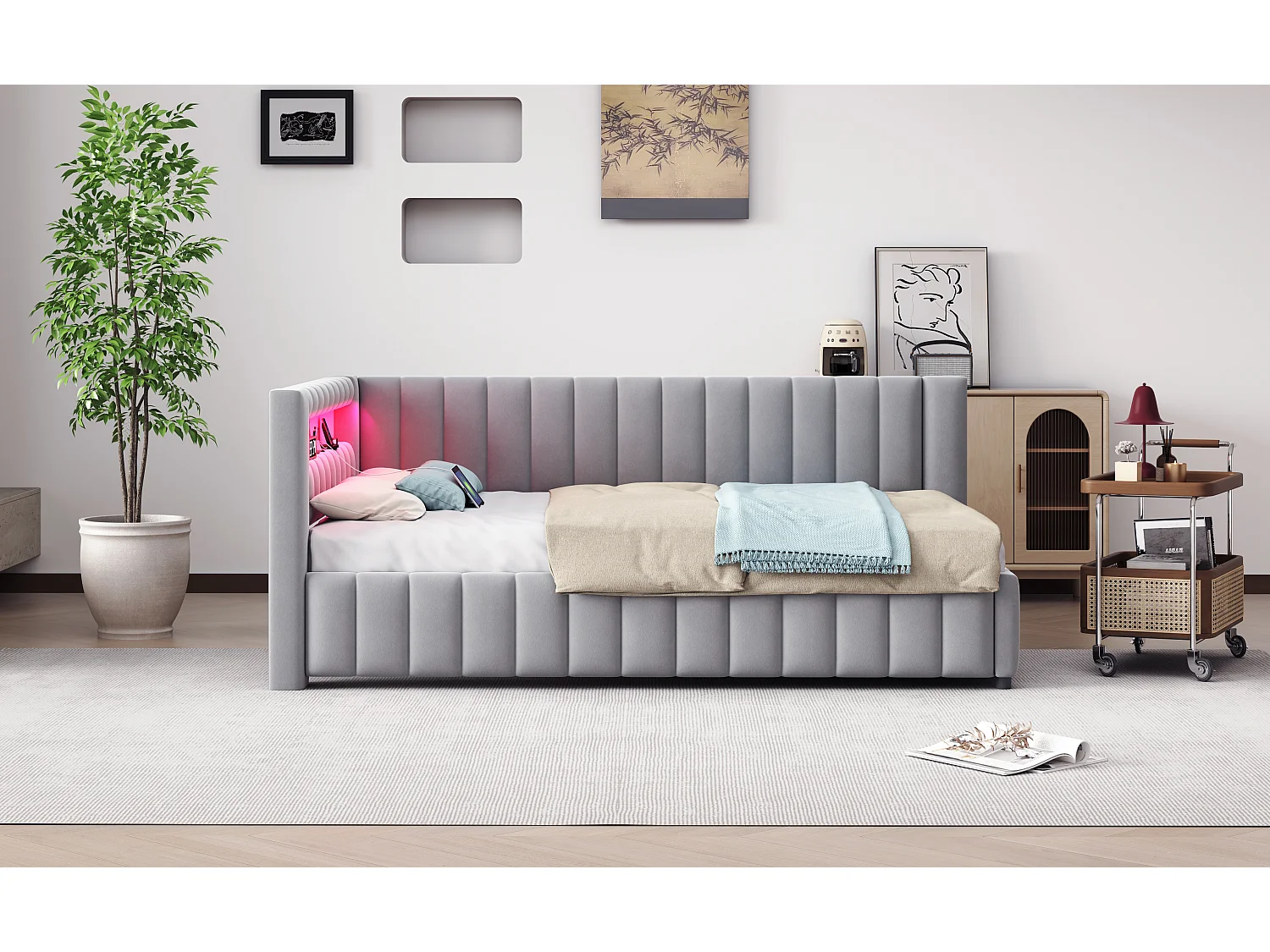 Canapé-lit 140 x 200 cm, avec LED, USB, Lattenrost, Tissu en Velours, avec Dos et Tête de Lit, Gris (209 x 147.5 x 82 cm)